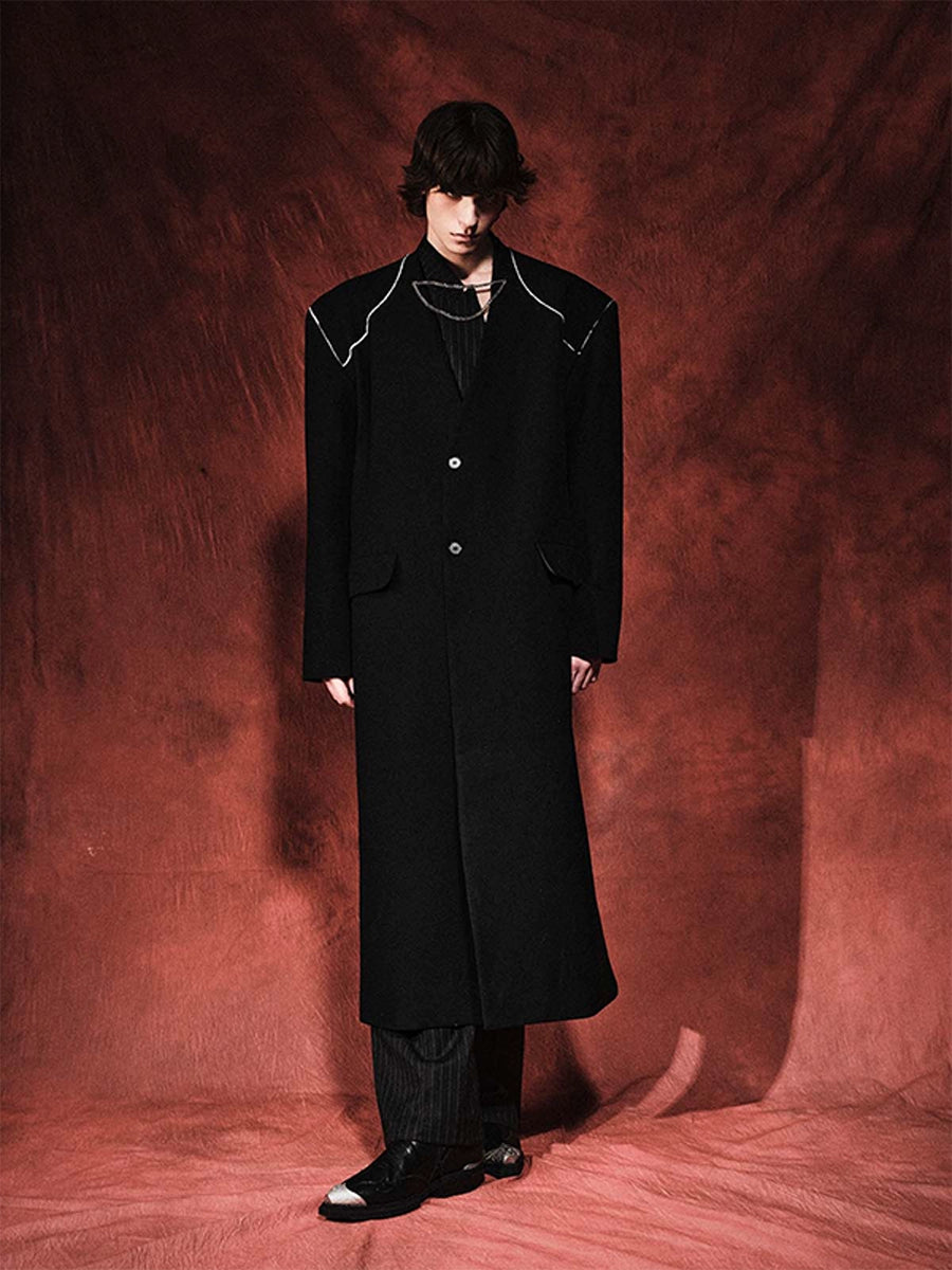 Wool Yoke Chain Padded Shoulder Heavy Coat