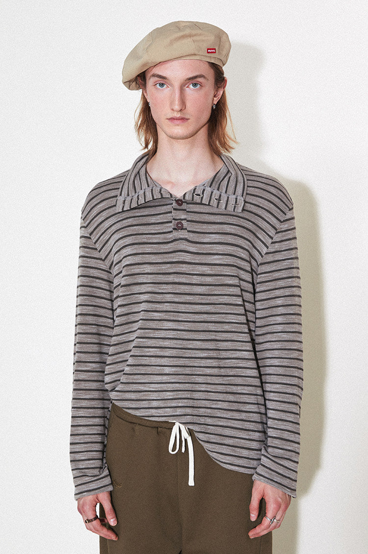 "Sunset Dusk" stand-up collar striped long-sleeved T-shirt