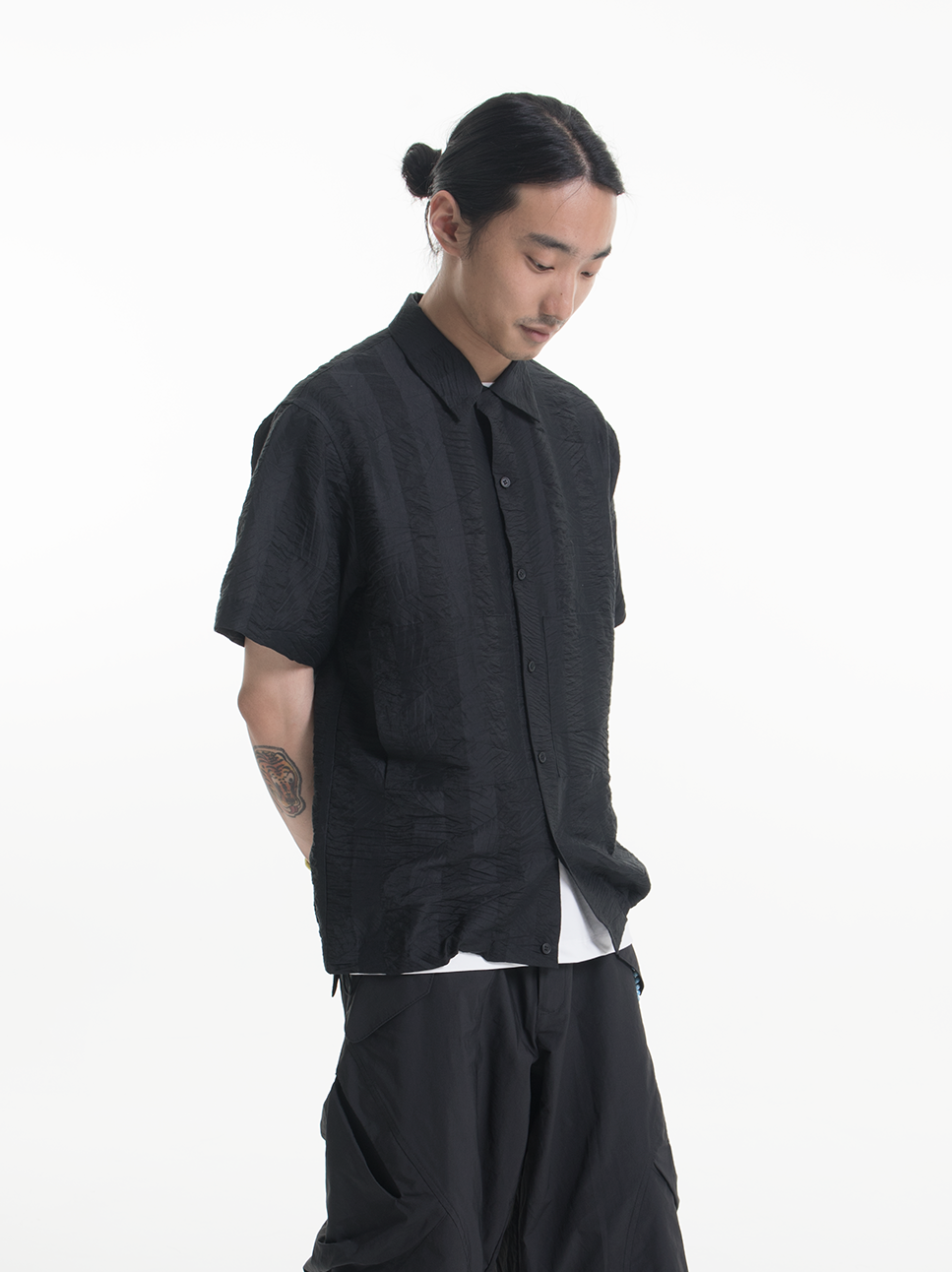 Dark Stripes Pleated Short Sleeve Shirt