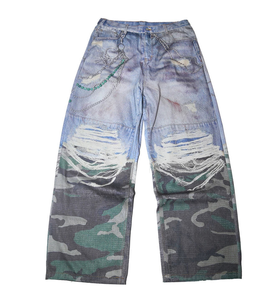 3D Print Camouflage Layered Jeans