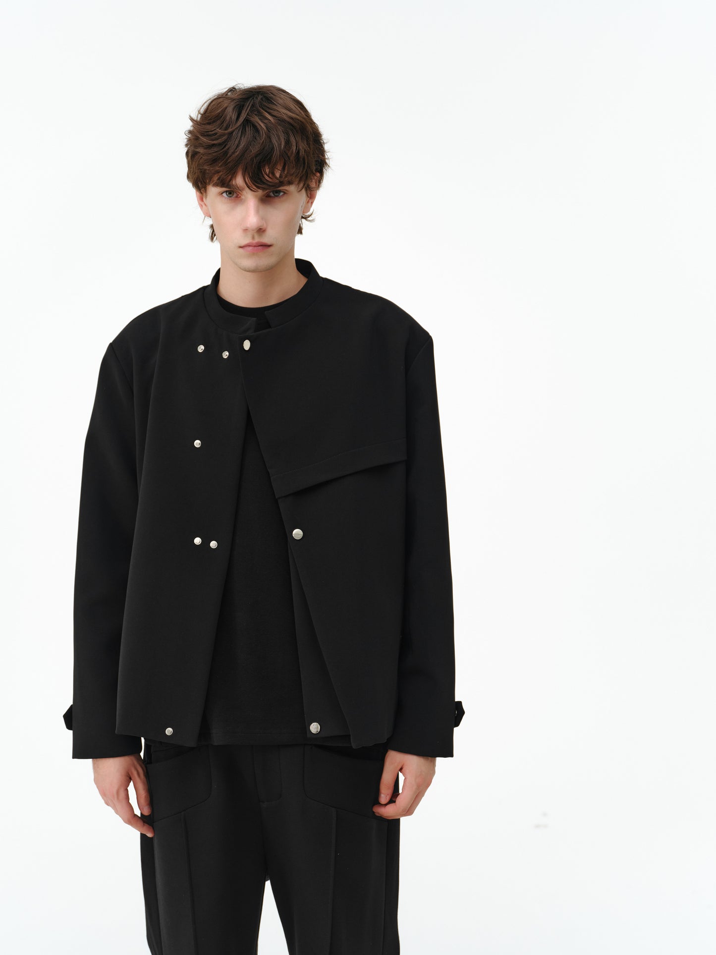 Stand-up collar deconstructed multi-snap jacket