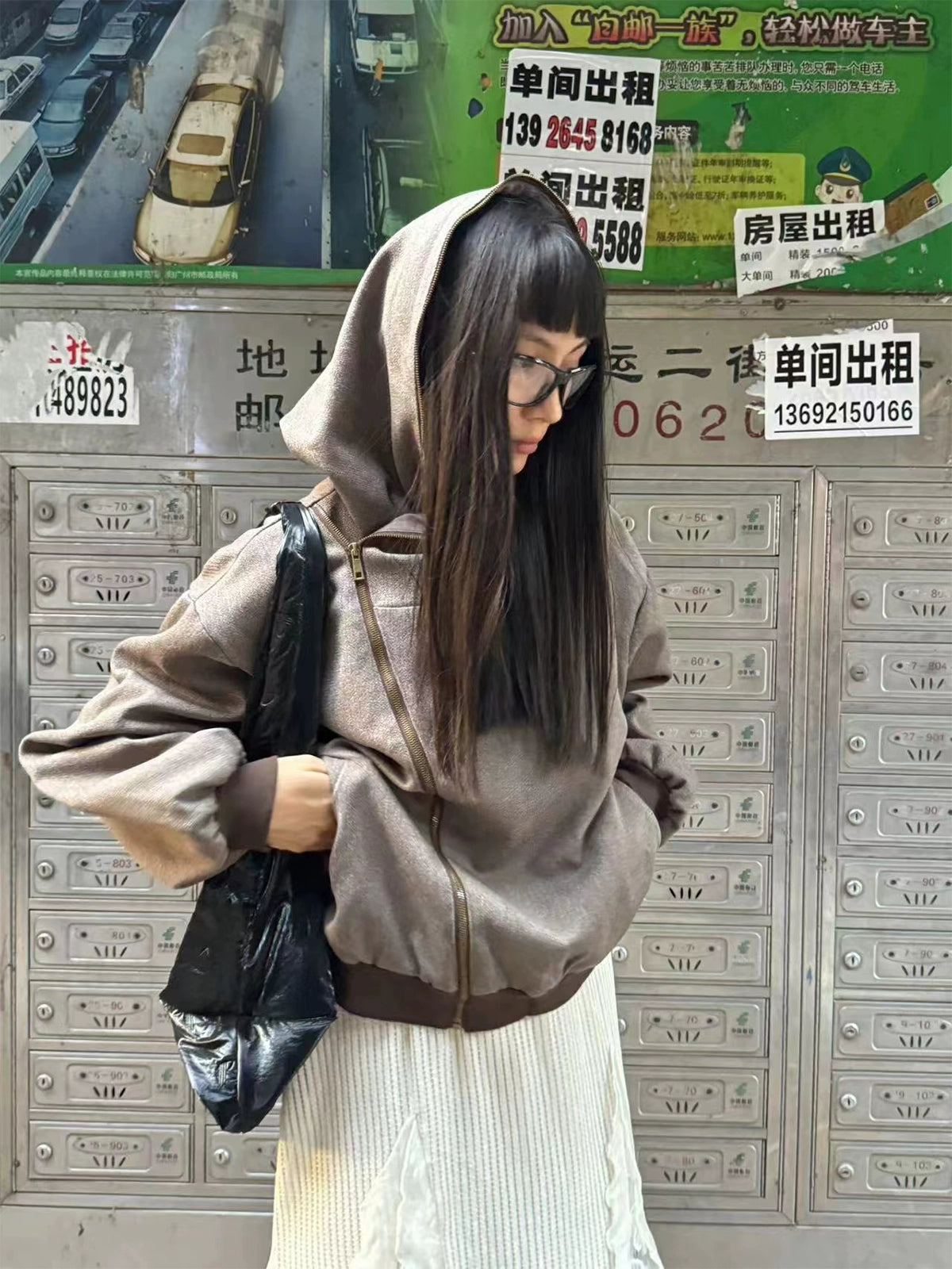 "Mystery Palace" grit linen brown reversible layered jacket