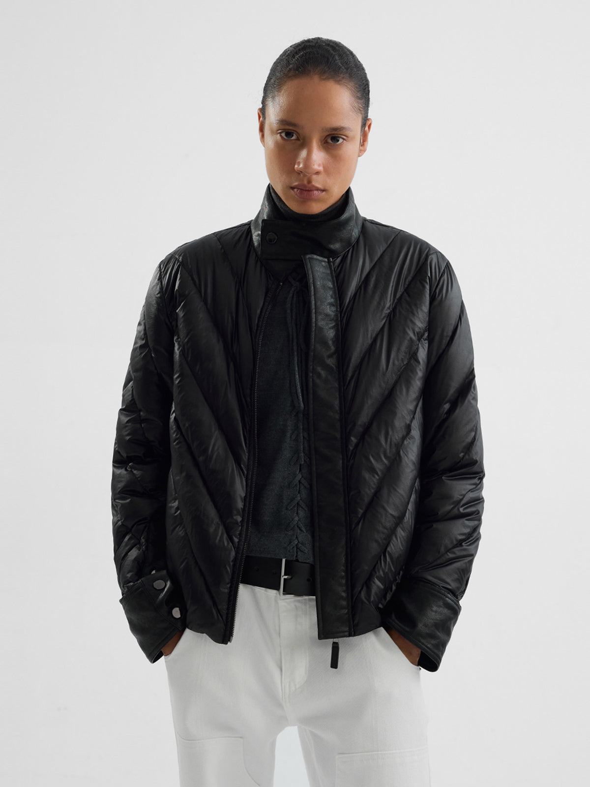 Leather Patchwork Radial Quilted Down Jacket
