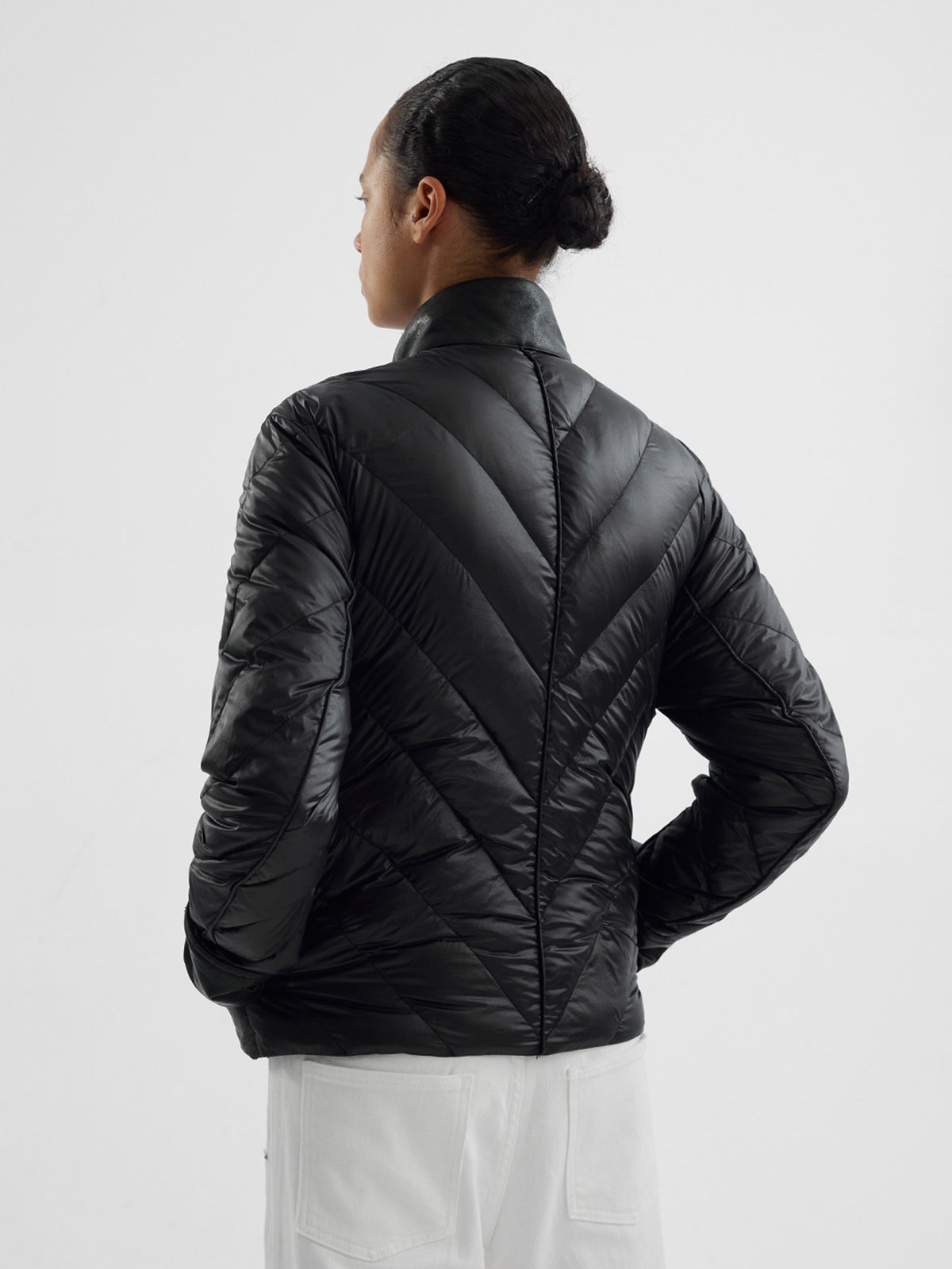 Leather Patchwork Radial Quilted Down Jacket