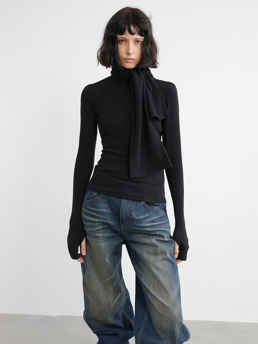 Scarf Neckline Lace-up T-shirt