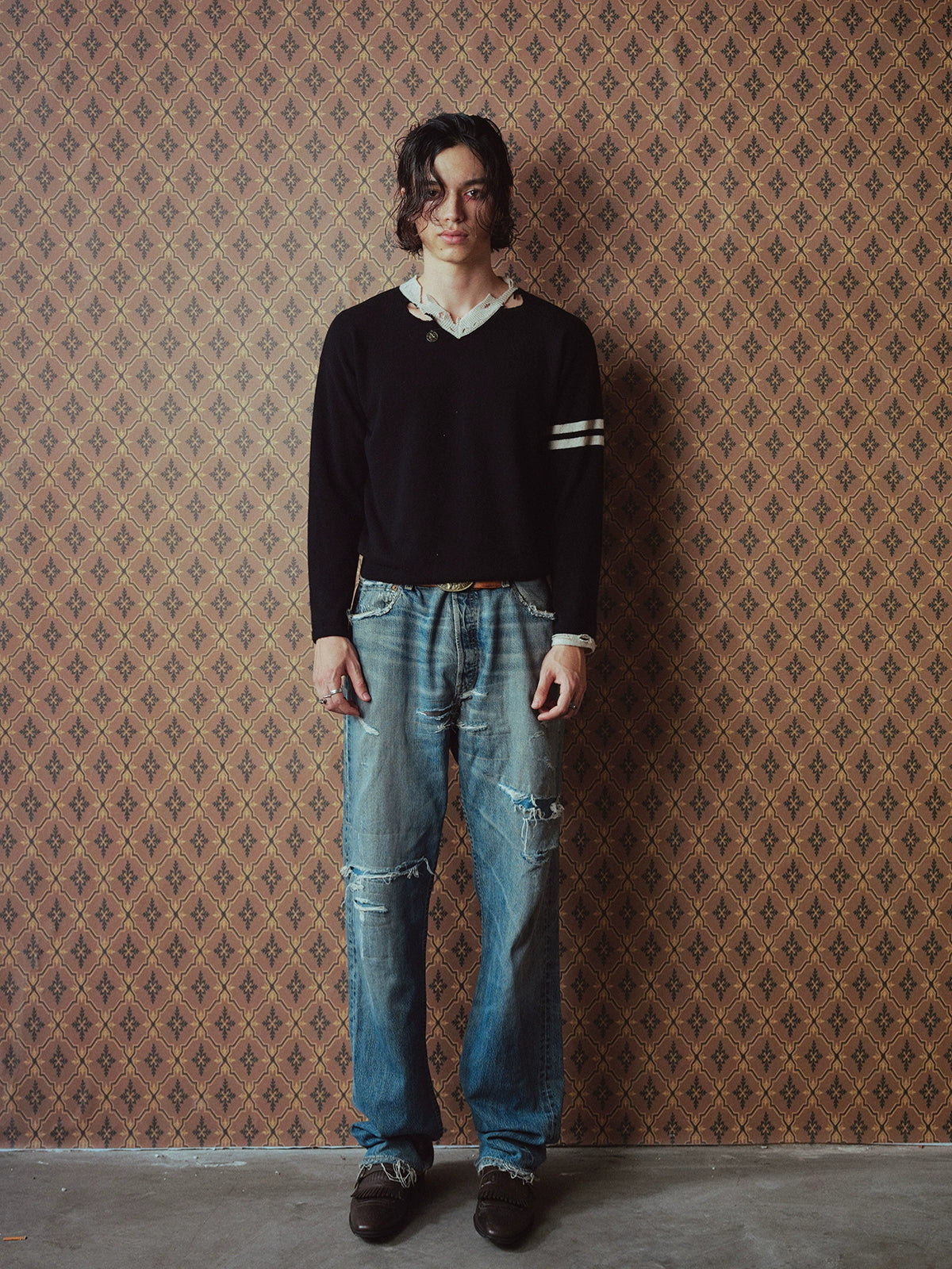 Brass Ancient Coin V-Neck Pure Wool Knit