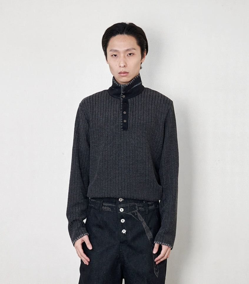 "Urhe" cable stripe stand collar pullover knit sweater