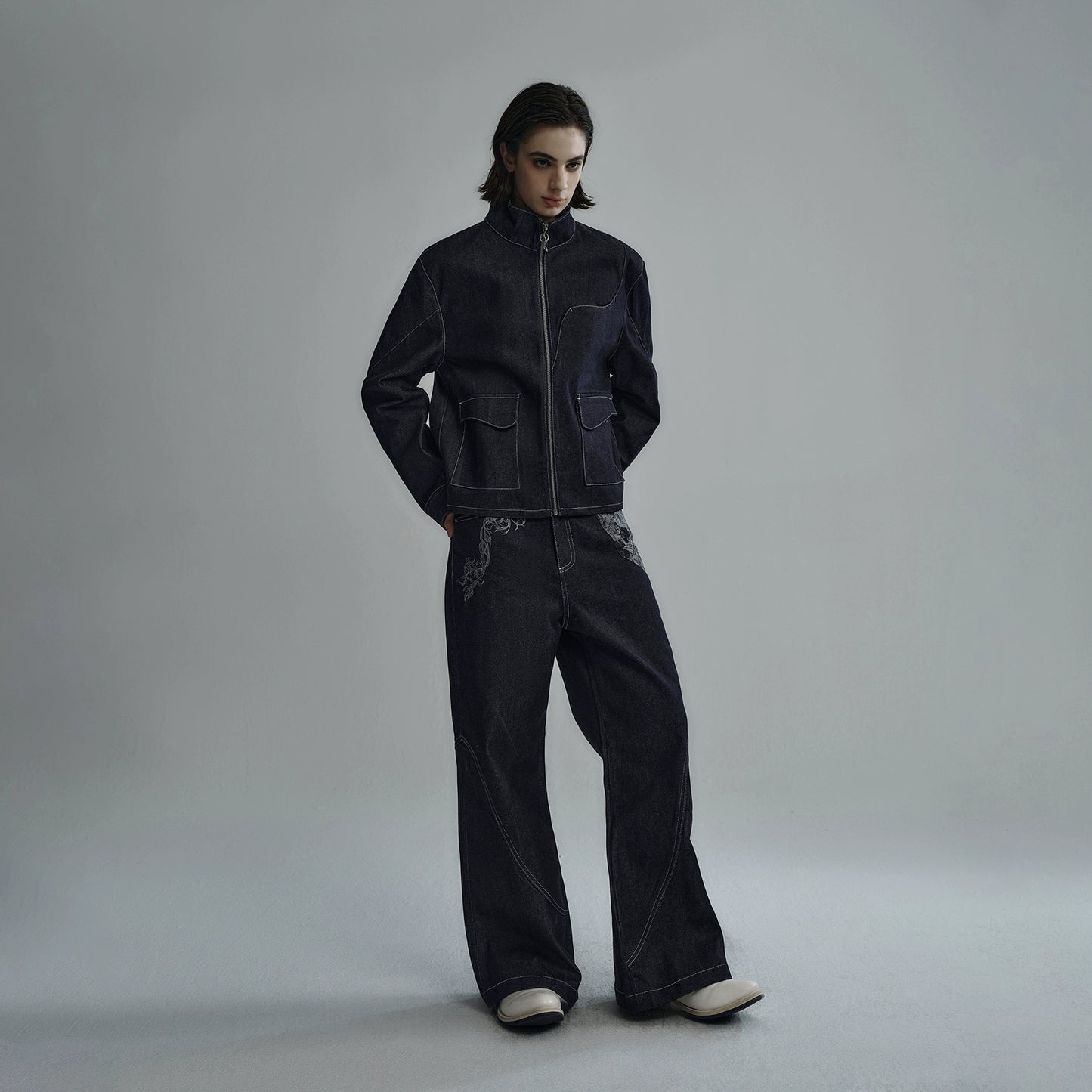 "Snake Trace" raw jacquard panel bootcut jeans