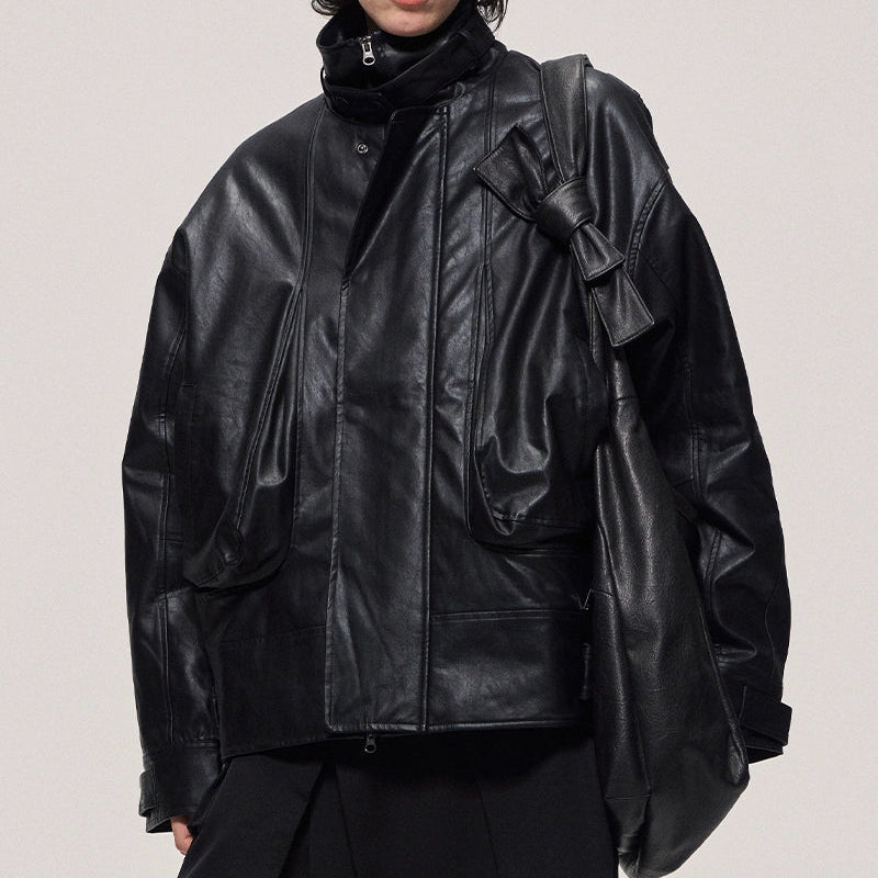 Washed Stand-Collar Leather Jacket