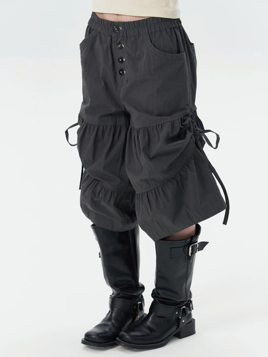 retro cute pleated drawstring micro wide pants