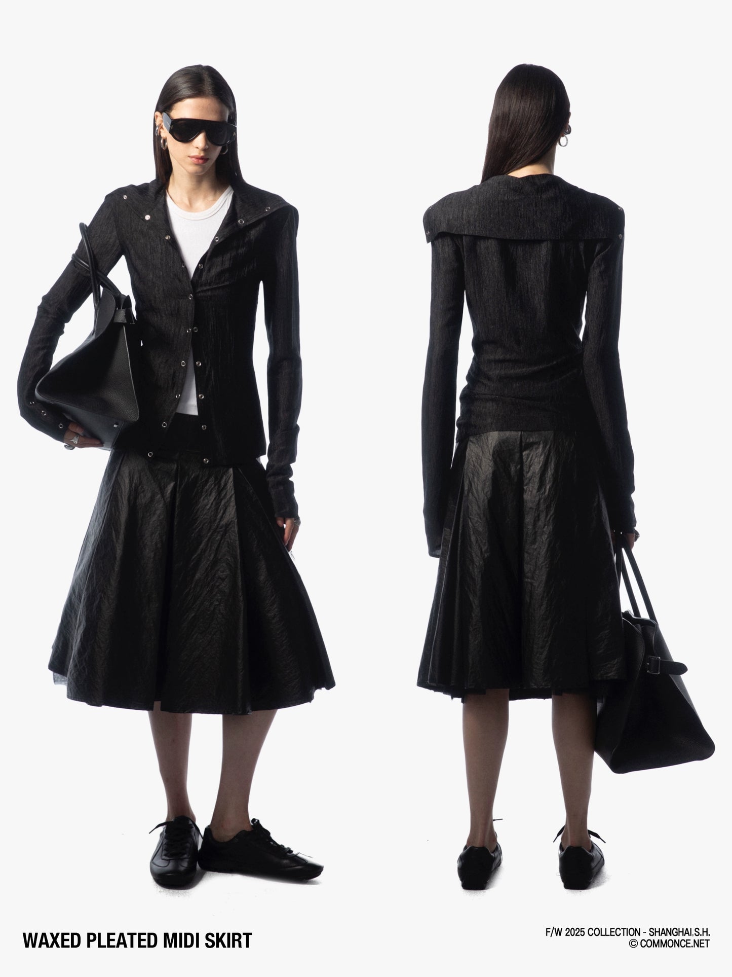 Oil-waxy coated pleated oversized skirt