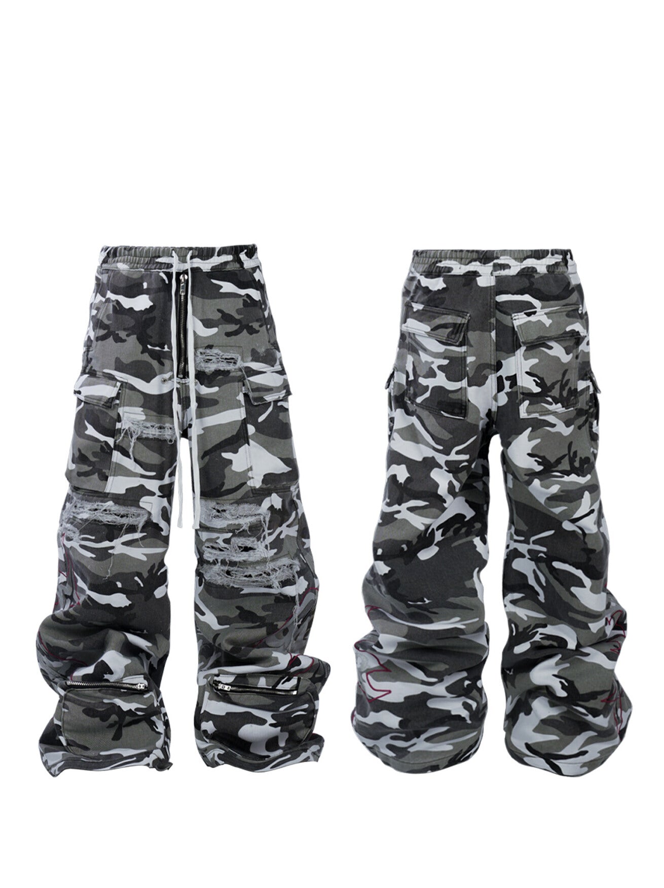 KNIFE CUT DESTRUCTION WASH CAMOUFLAGE CARGO PANTS