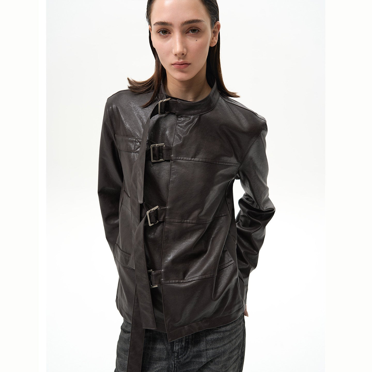 Turtleneck Asymmetrical Leather Jacket