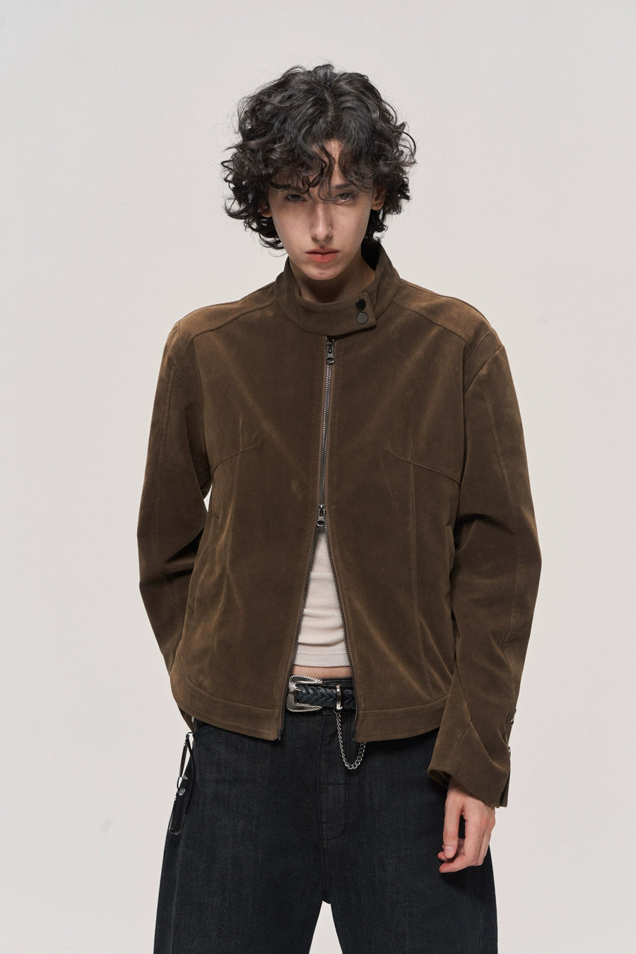 Cow Suede Brown Stand Collar Jacket
