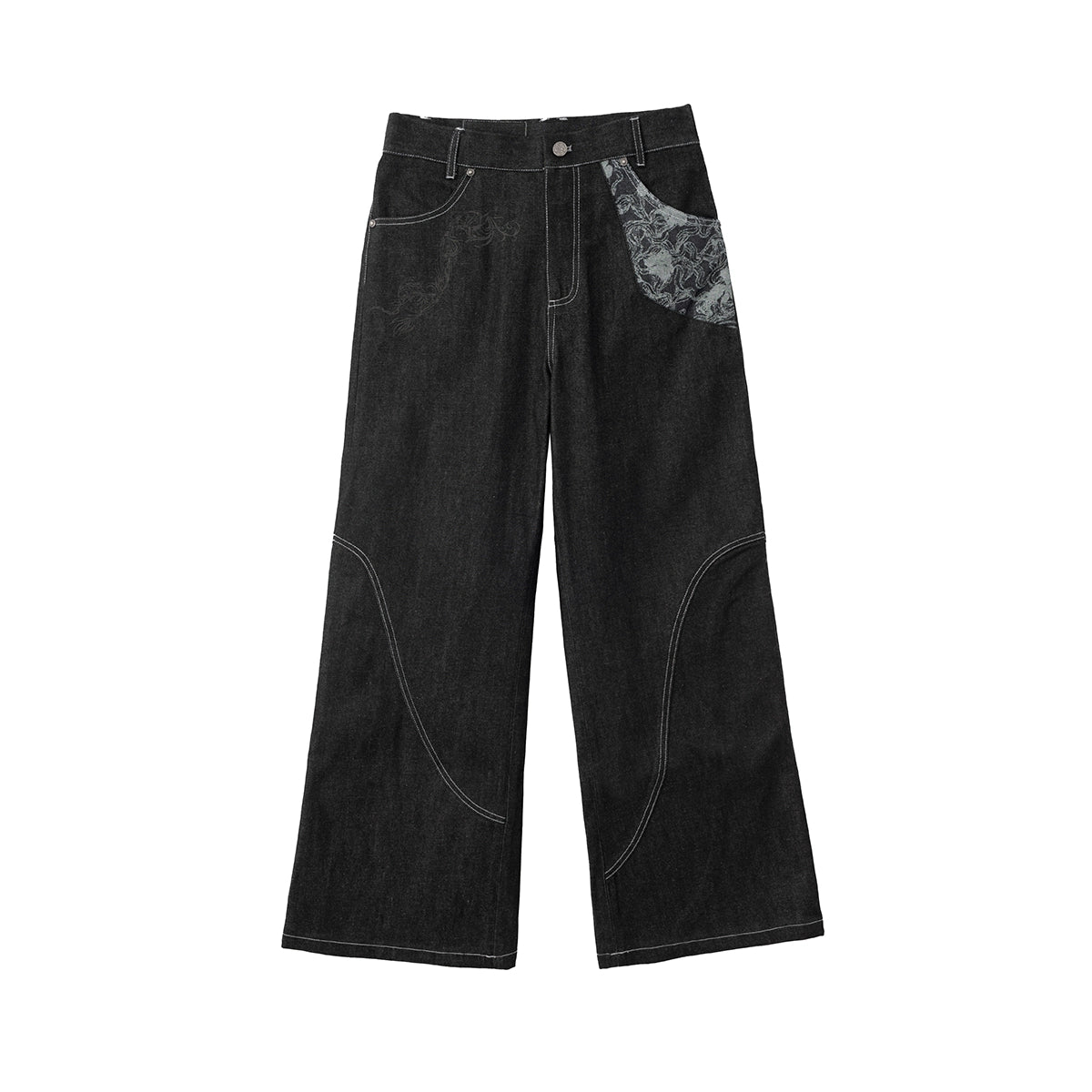 "Snake Trace" raw jacquard panel bootcut jeans