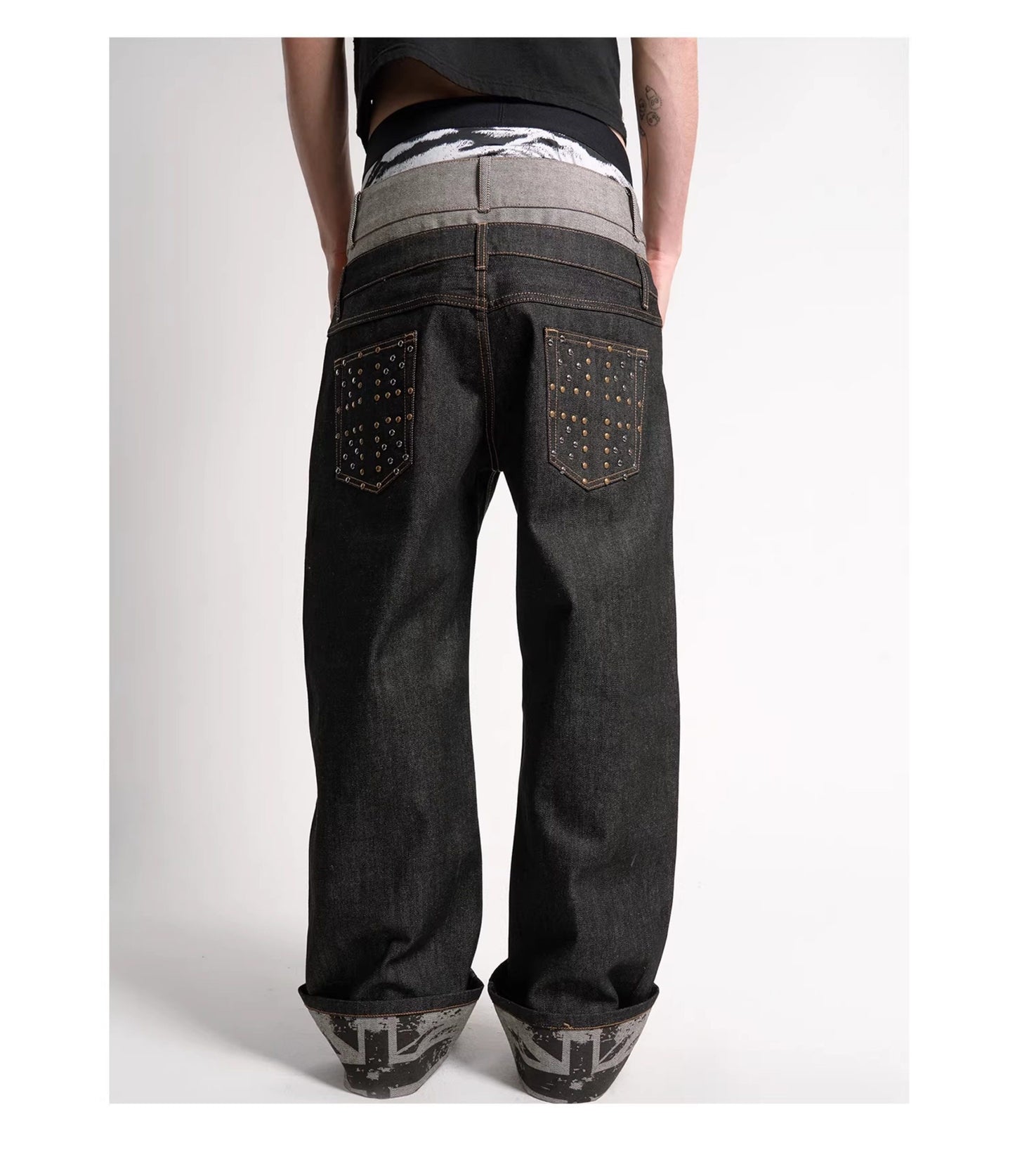 Double waist cuffed straight jeans