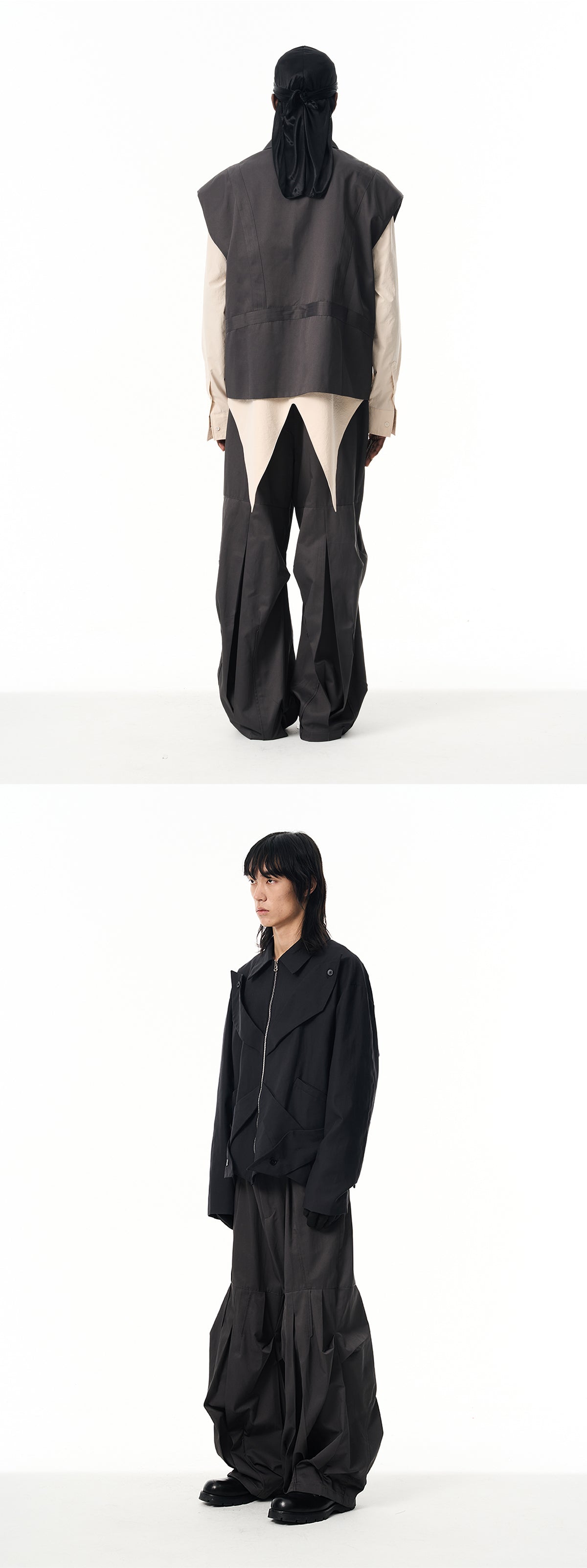 Cotton multi-directional pleated loose leg mop slacks
