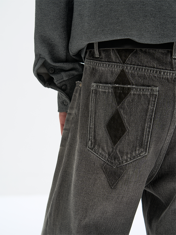 Washed argyle straight denim