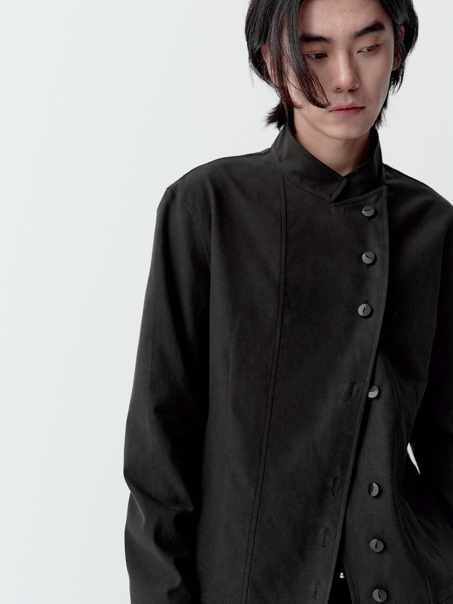 Slanted placket stand-up collar button-down jacket