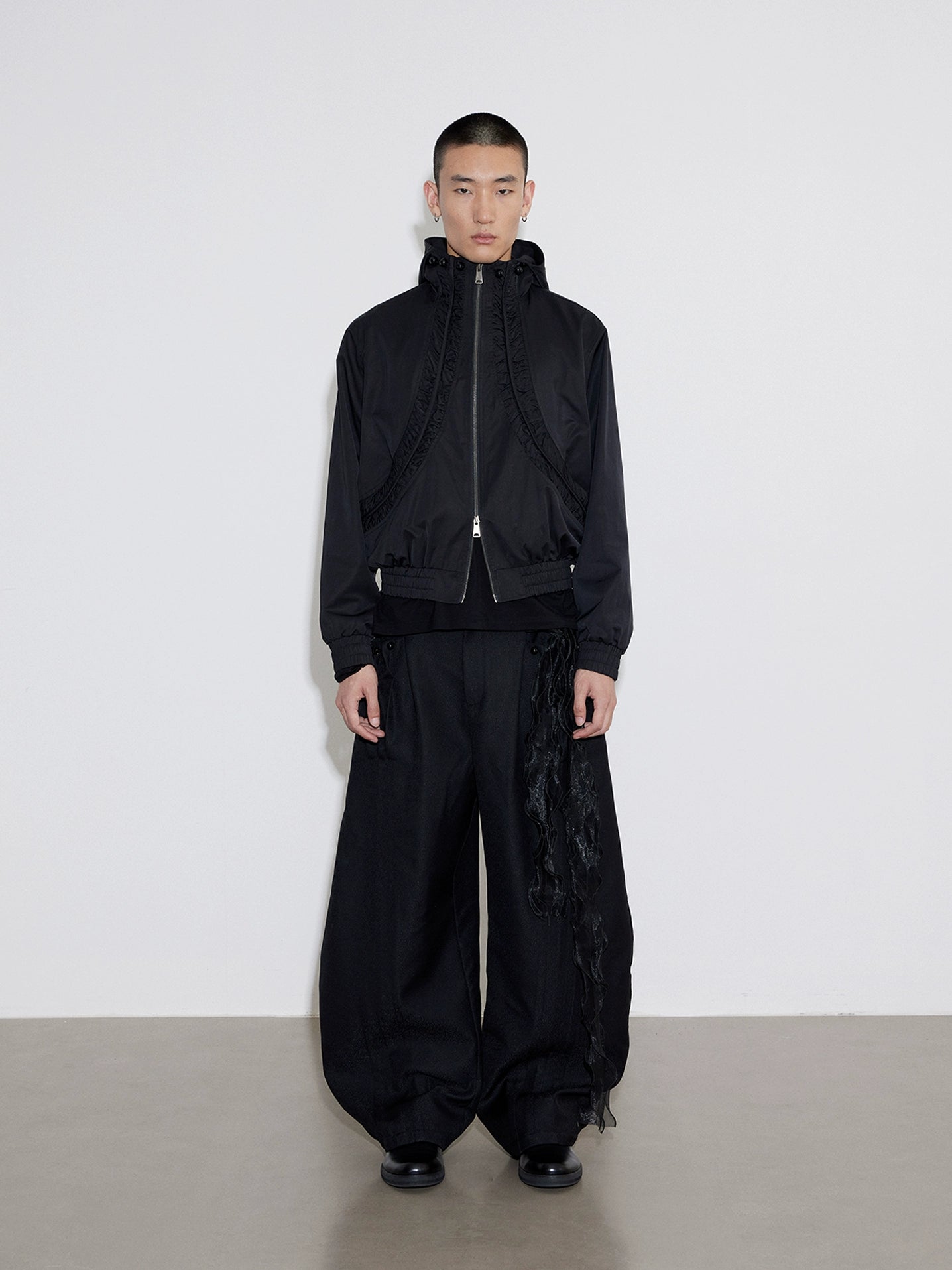 Split Pleated Zip Hooded Jacket