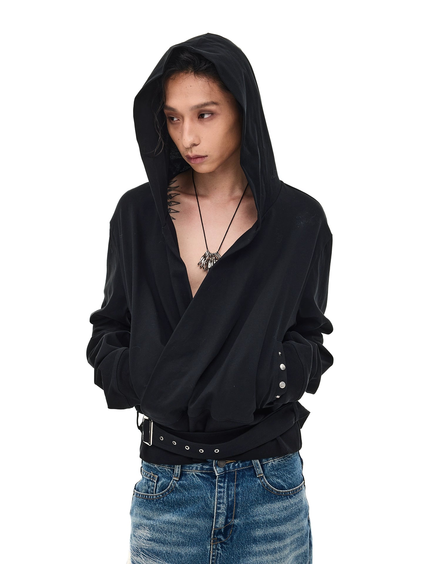 Drawstring V Neck Hoodie
