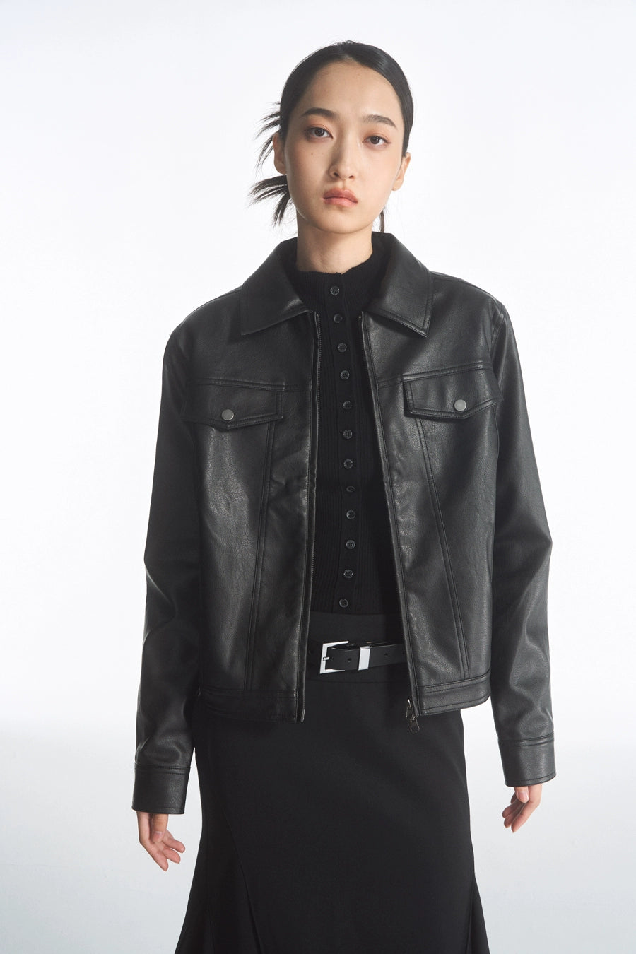 Cropped Double Zipper Leather Jacket