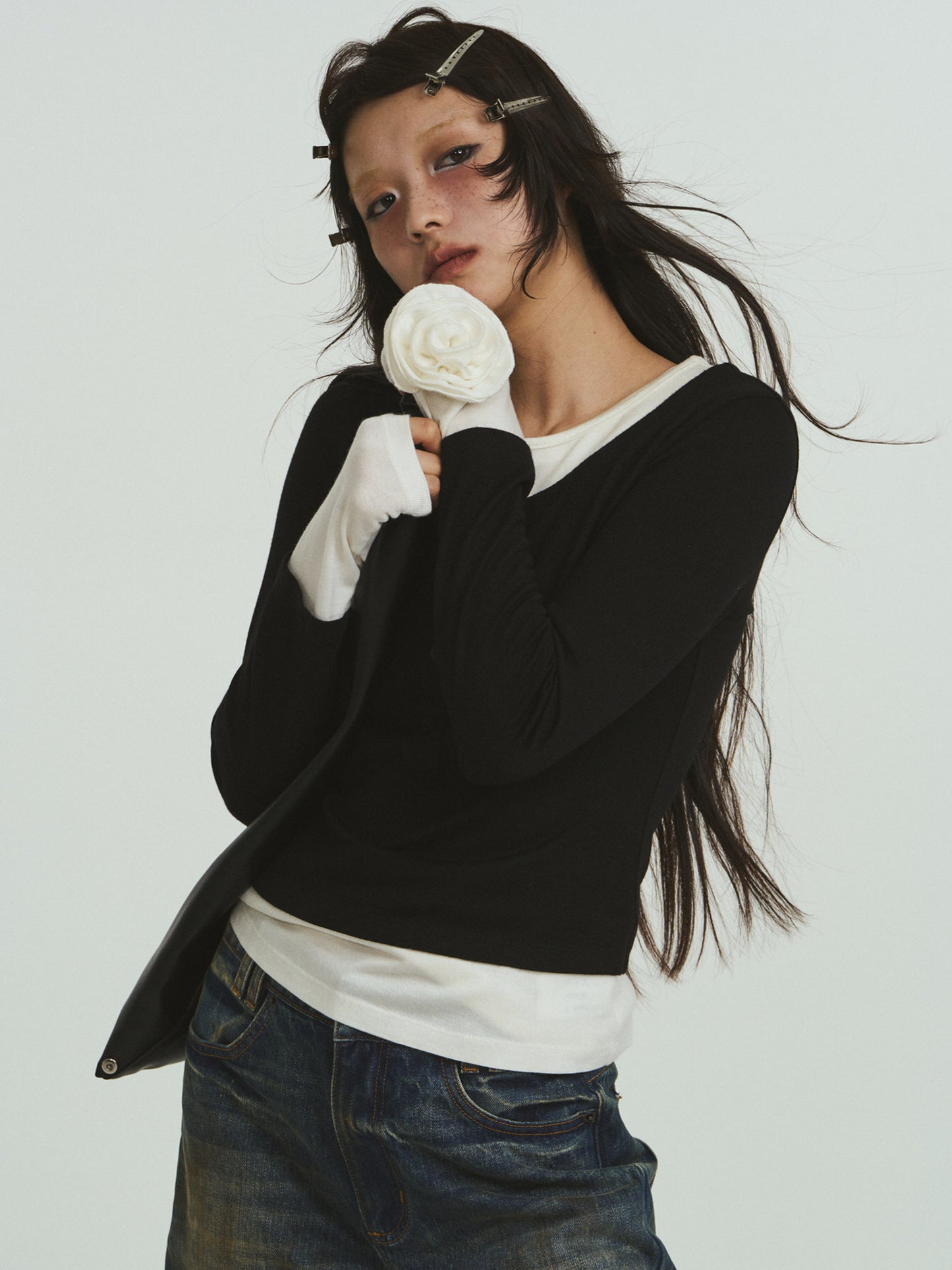 Rose cuff fake layered T-shirts