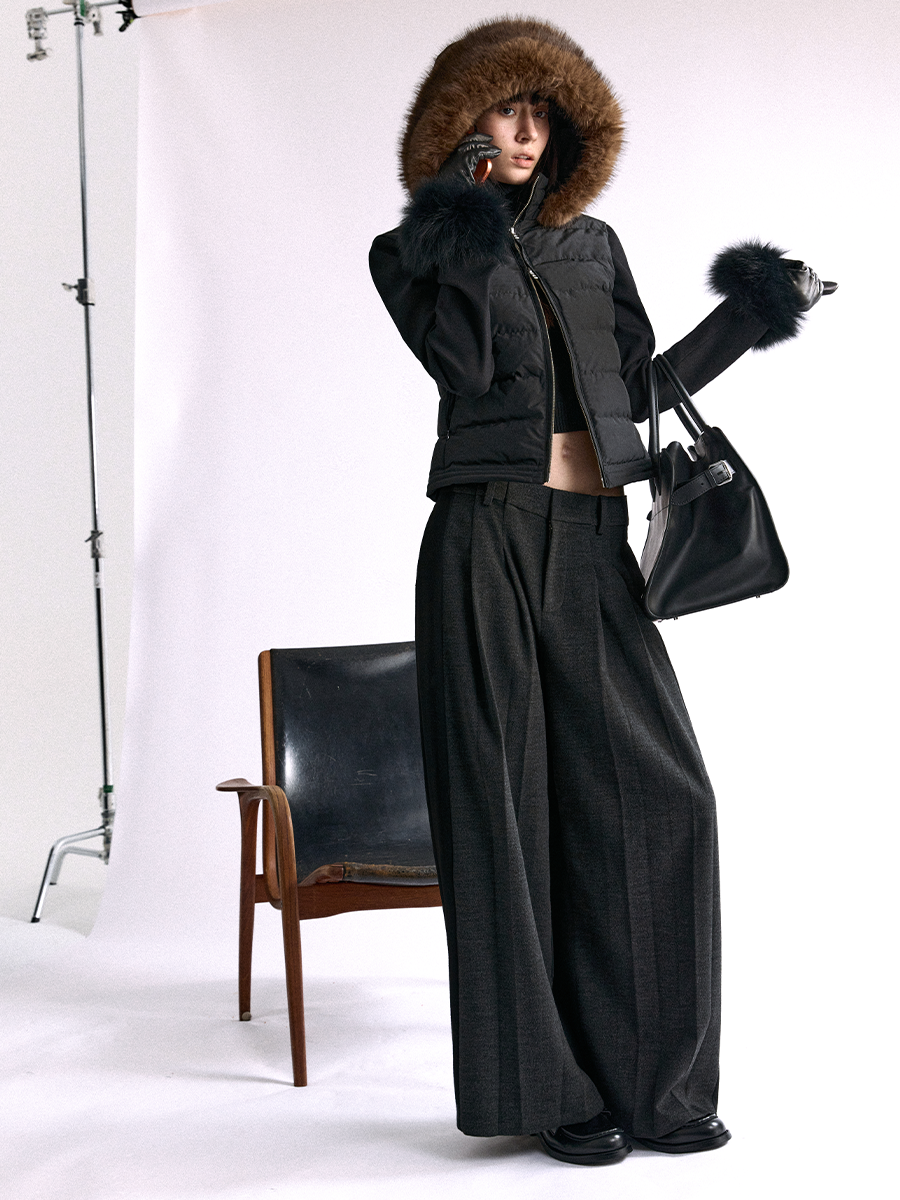 Paneled Pleated Straight Wool Trouer