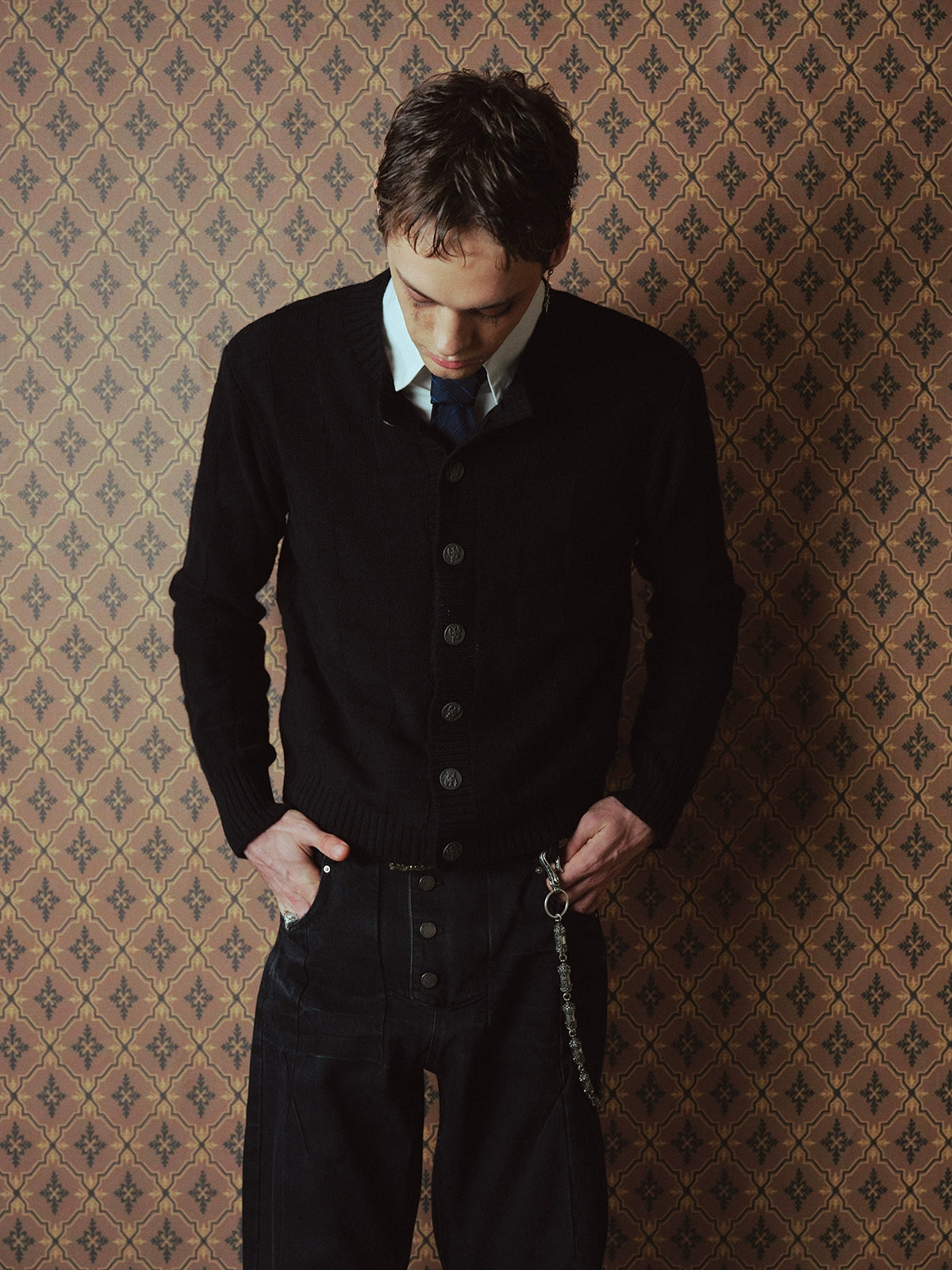 Wool Check Metal Buckle Crew Neck Knit Cardigan