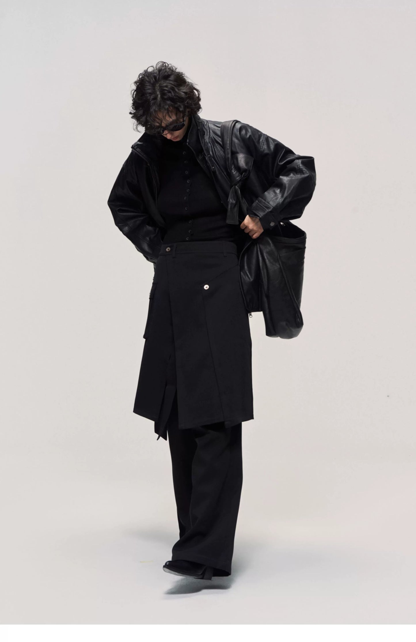 Washed Stand-Collar Leather Jacket