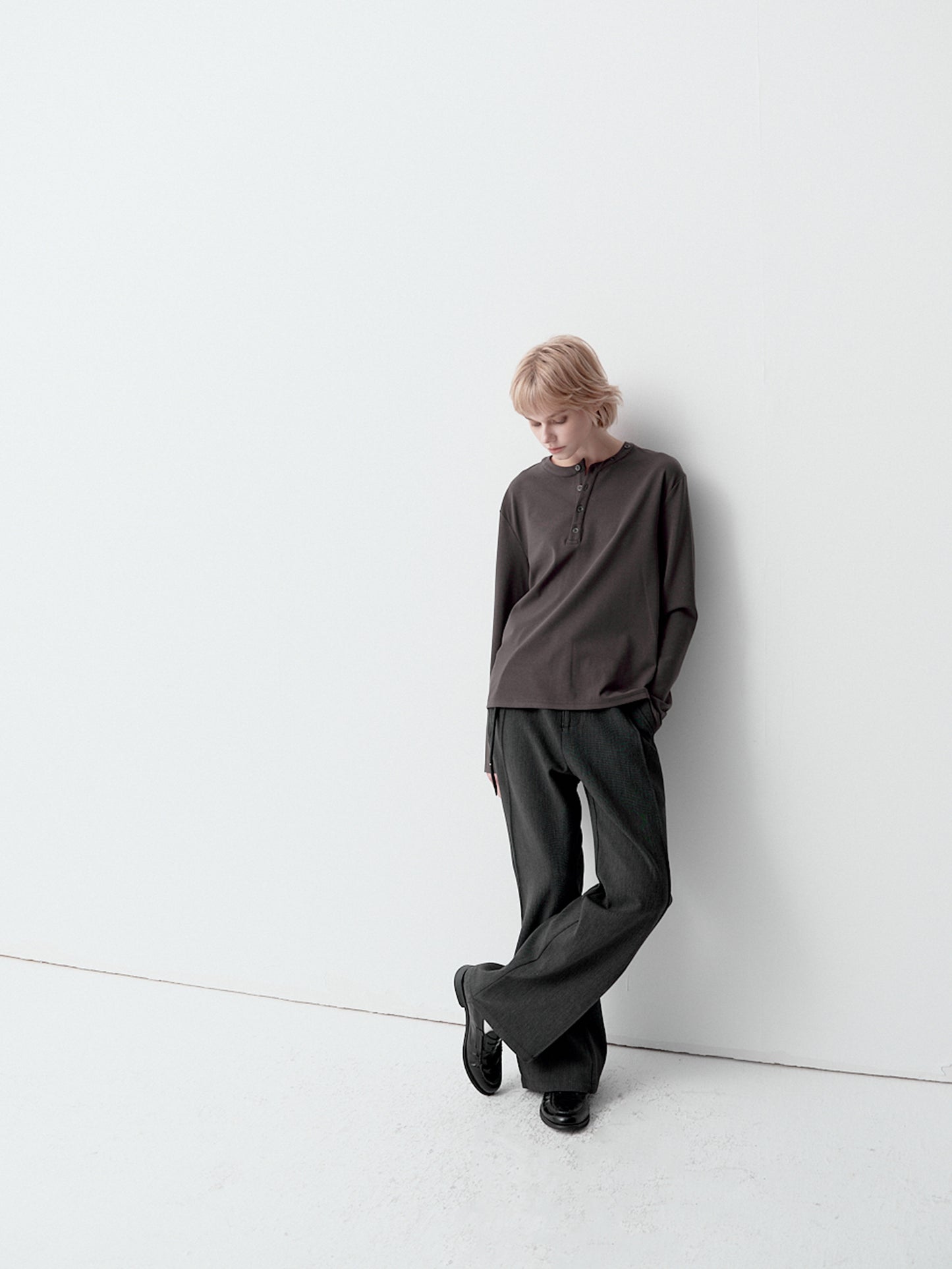 Henry collar asymmetrical long-sleeve T-shirt