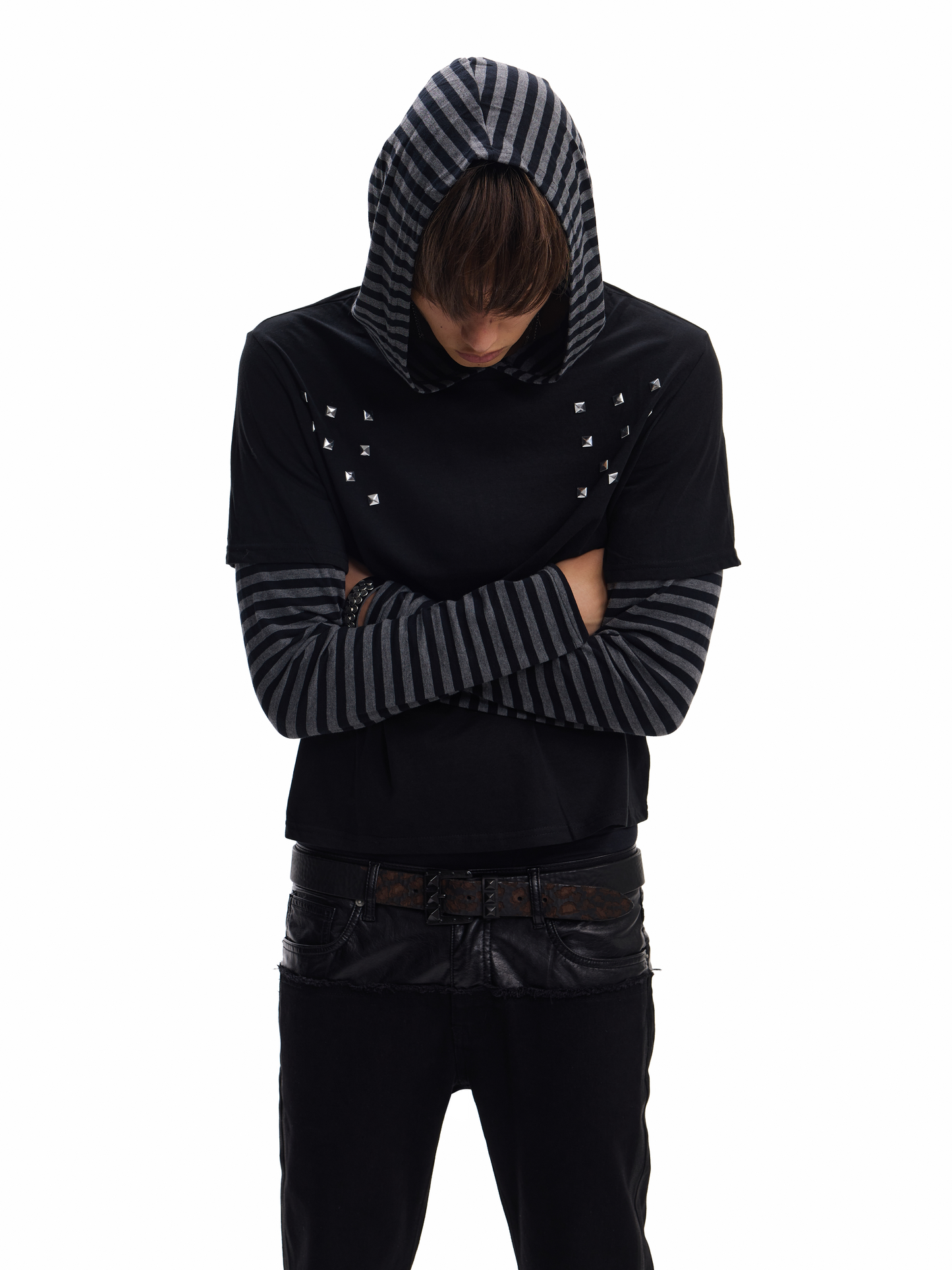 Hooded fake layered striped long sleeve