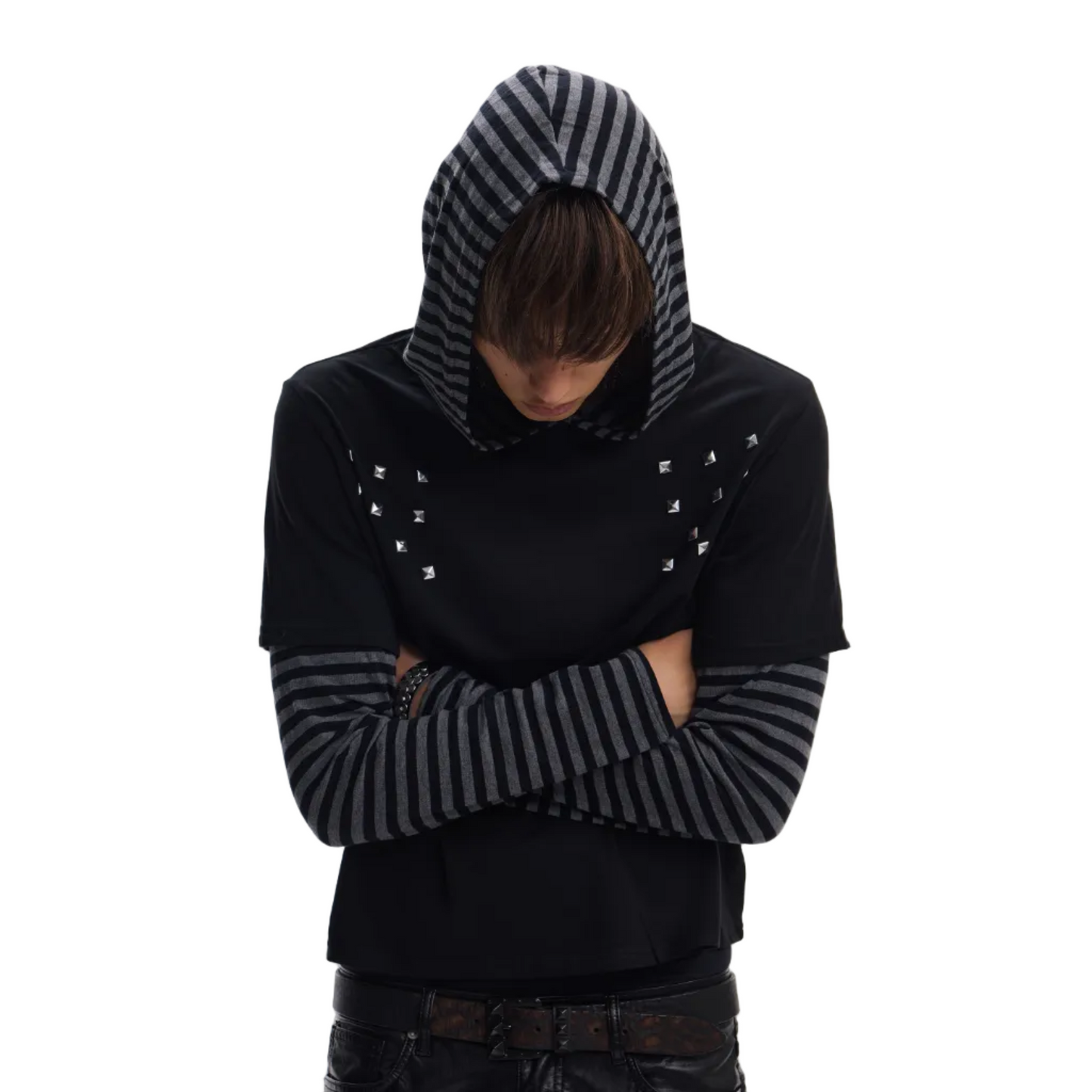 Hooded fake layered striped long sleeve