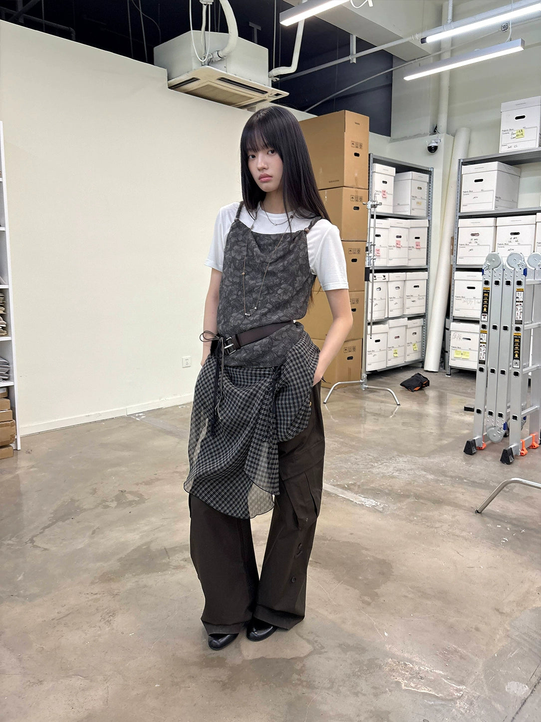 PANELLED DOUBLE-TIERED CHECKED SKIRT