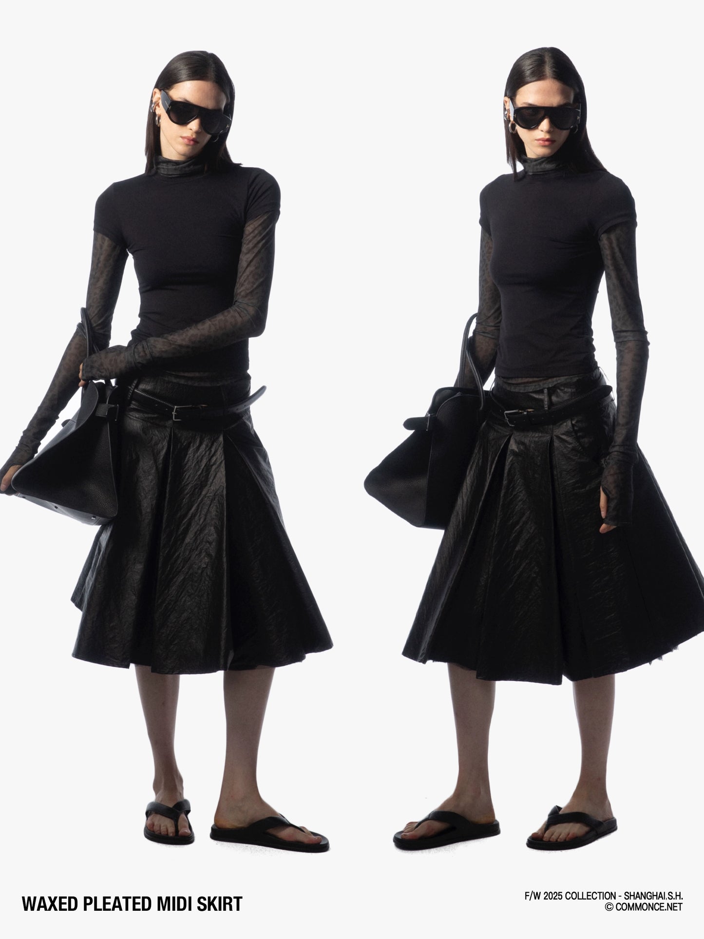 Oil-waxy coated pleated oversized skirt