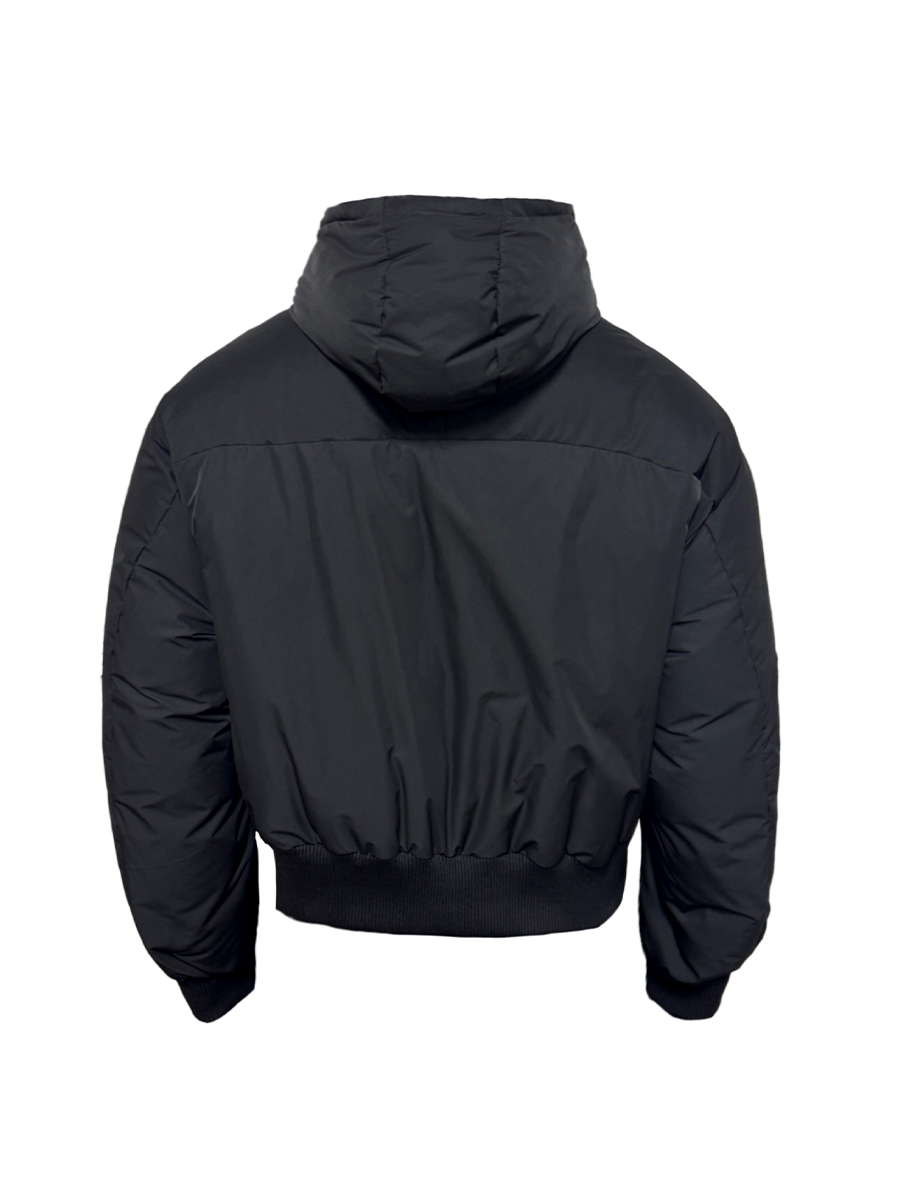 Diagonal hooded duck down jacket