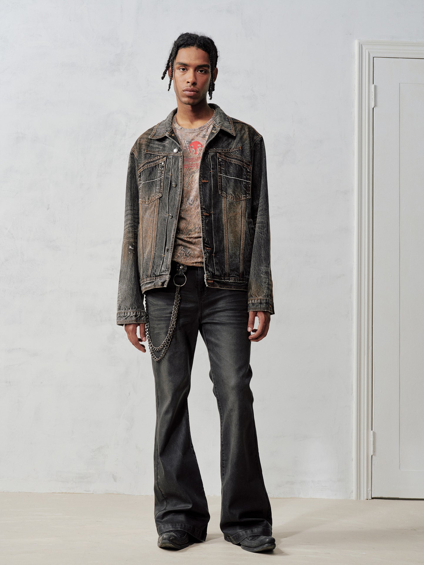 Wax coating bootcut jeans