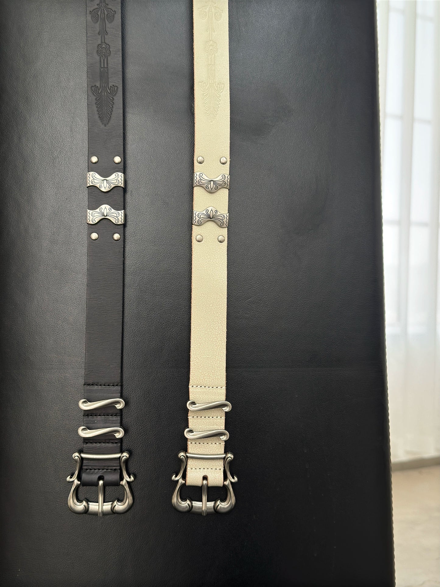 Engraved Silver Cowhide Belt