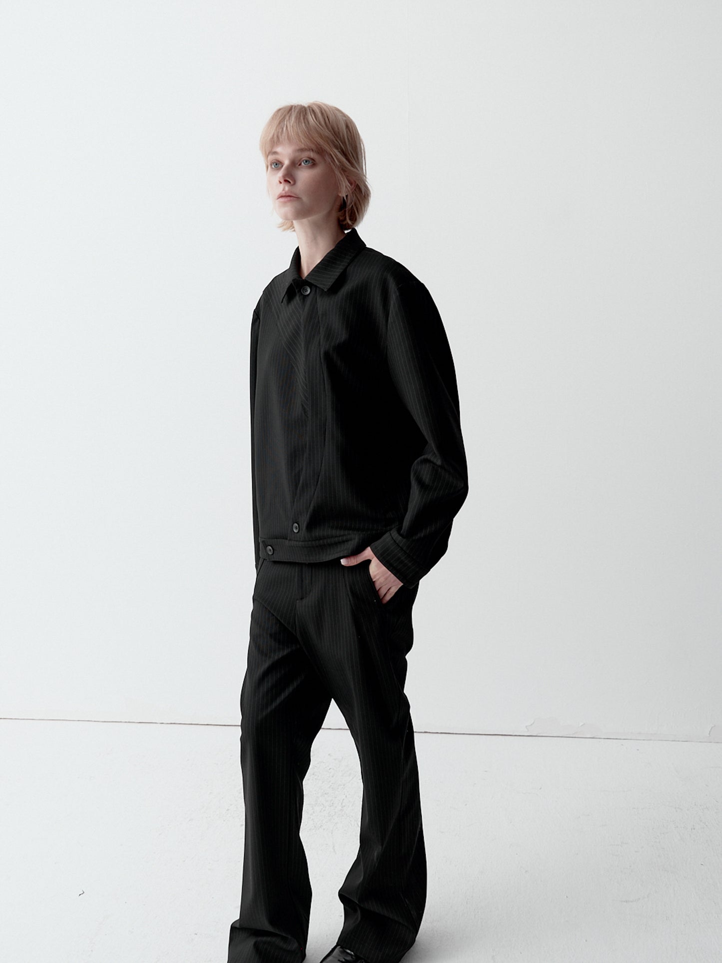 Curved placket striped jacket