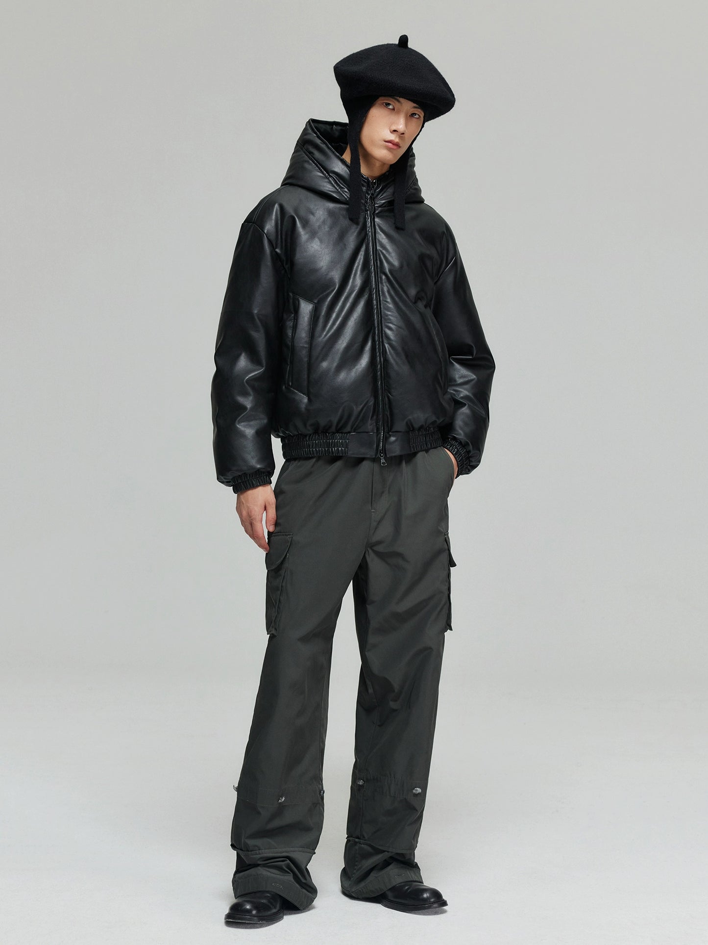 Twisted Wire Hooded Leather Puffer Jacket