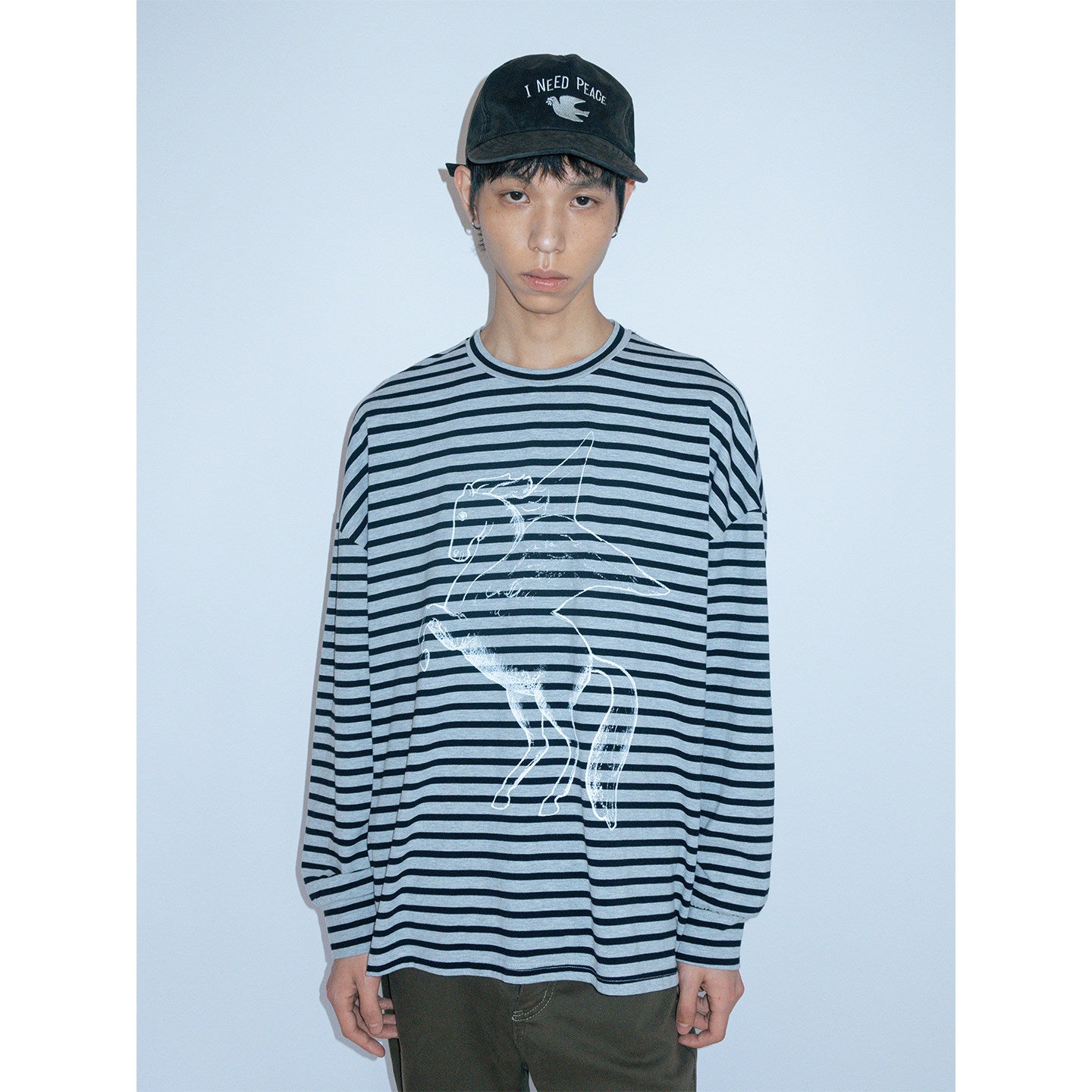 Pegasus print striped long-sleeved loose T-shirt