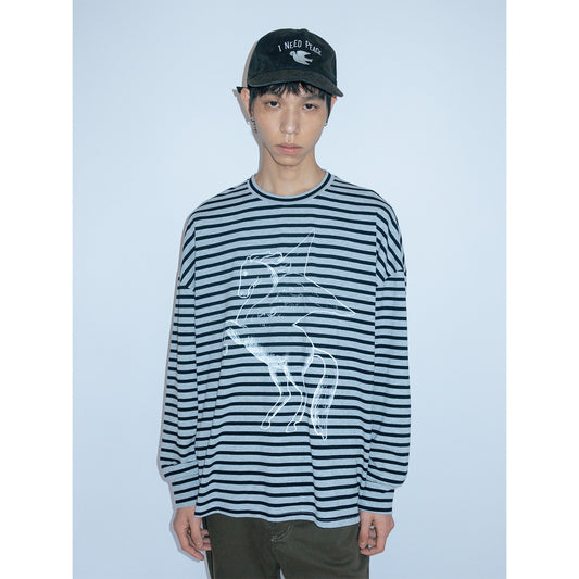 Pegasus print striped long-sleeved loose T-shirt