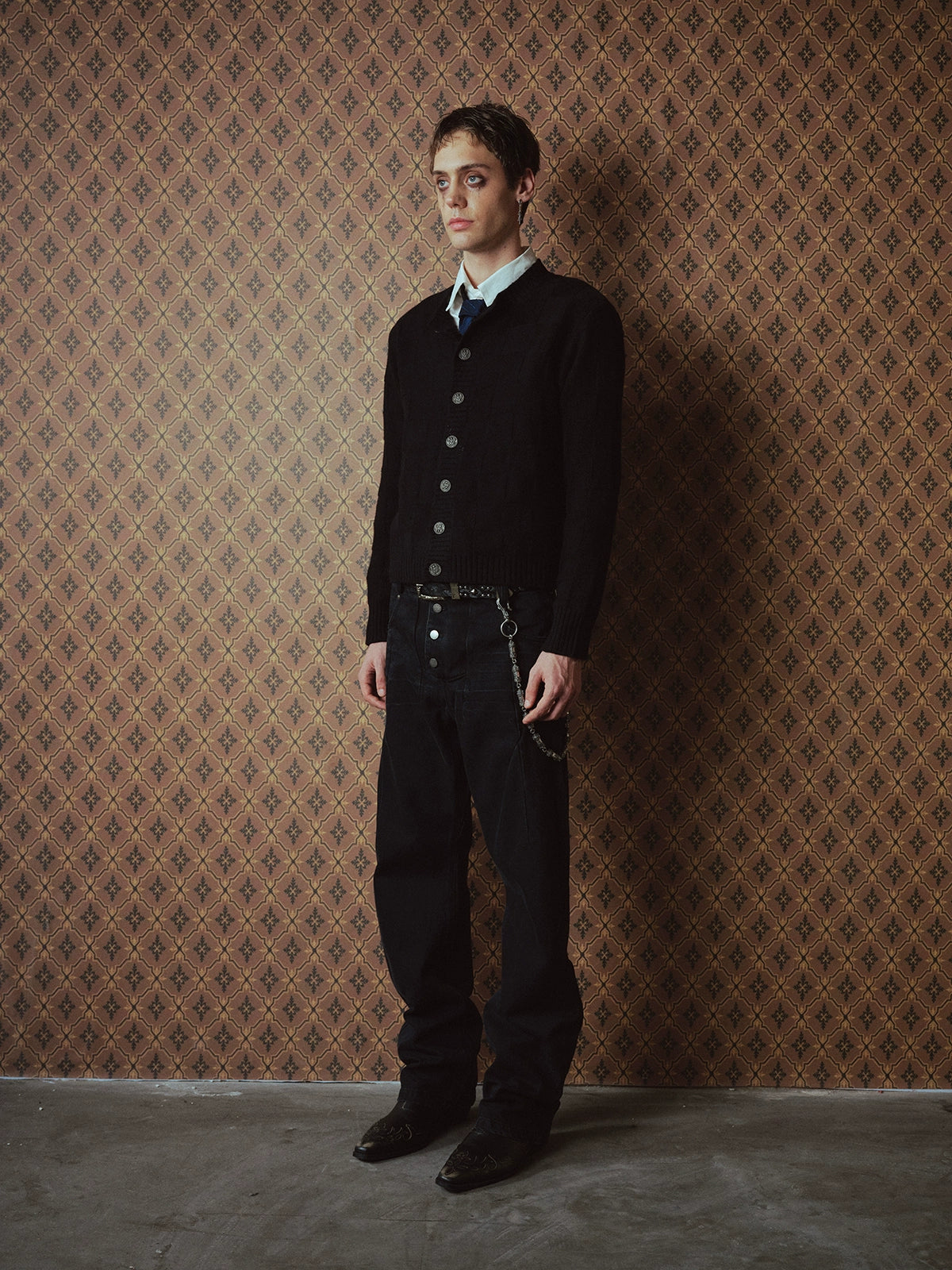 Wool Check Metal Buckle Crew Neck Knit Cardigan