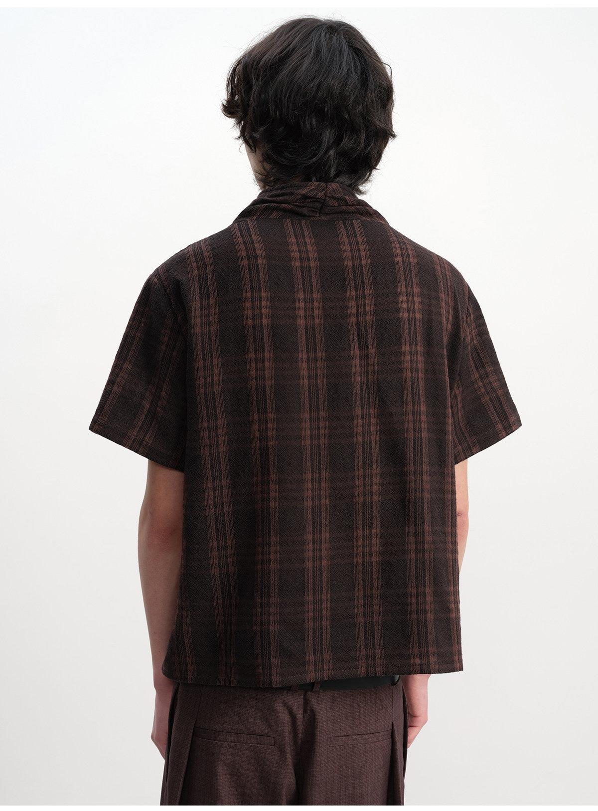 Pleated cross-neck plaid short sleeve t-shirts