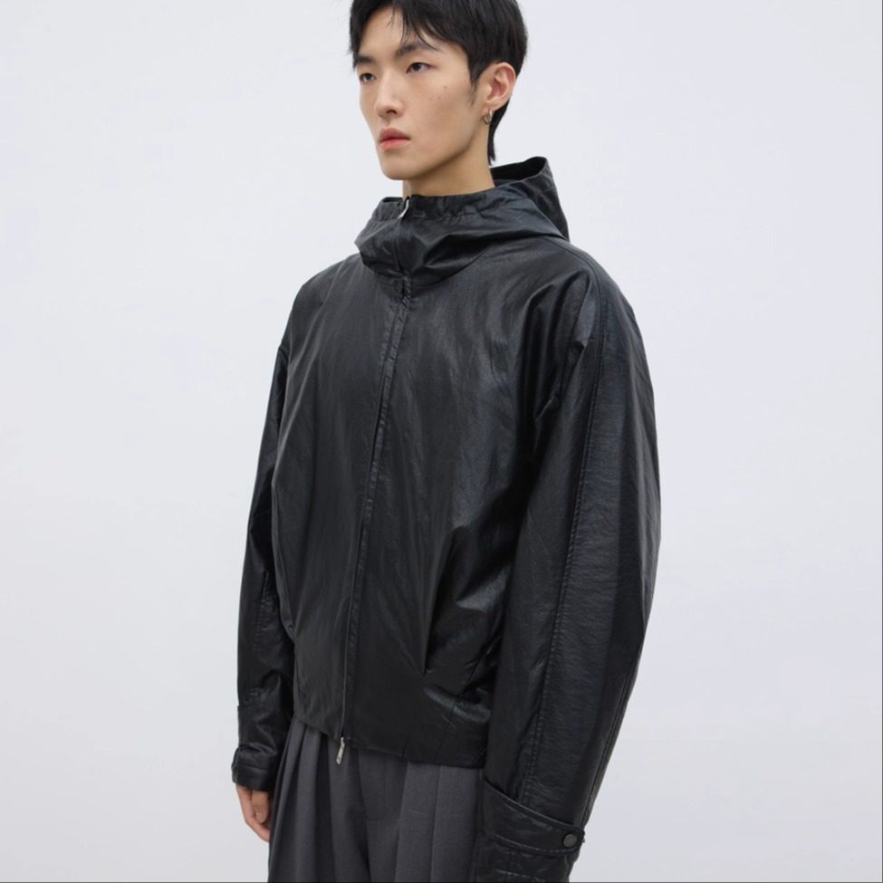 Multi-Structure Hooded Leather Jacket