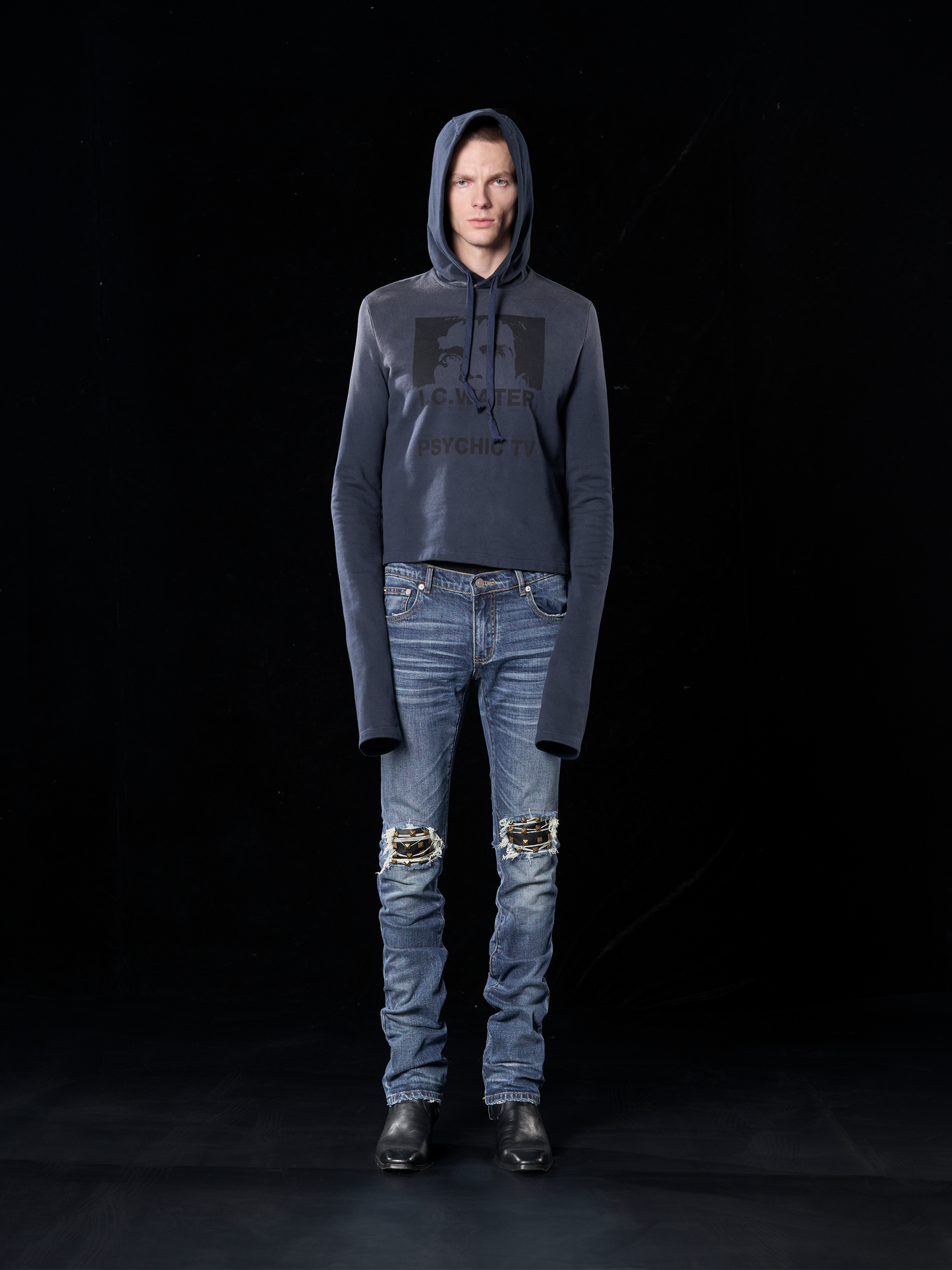 leather rivet slim fit jeans