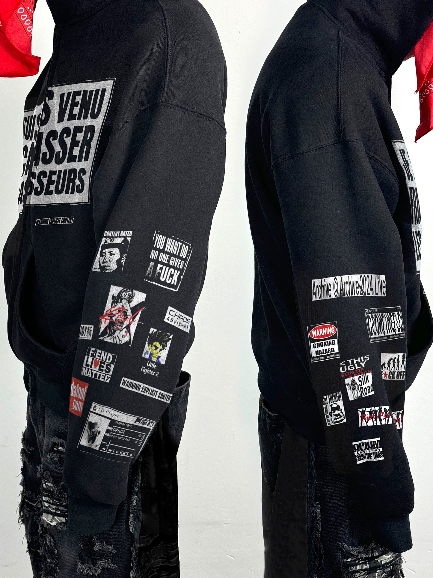 CSONLINEllc Sticker Distressed Print Fleece Heavy Zip Hoodie
