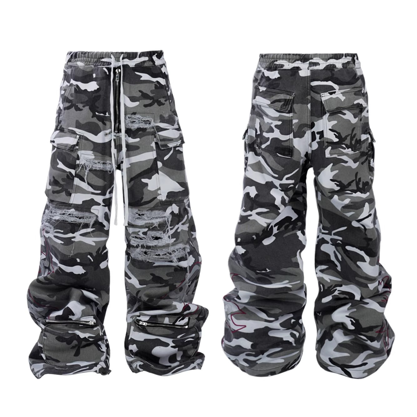 KNIFE CUT DESTRUCTION WASH CAMOUFLAGE CARGO PANTS
