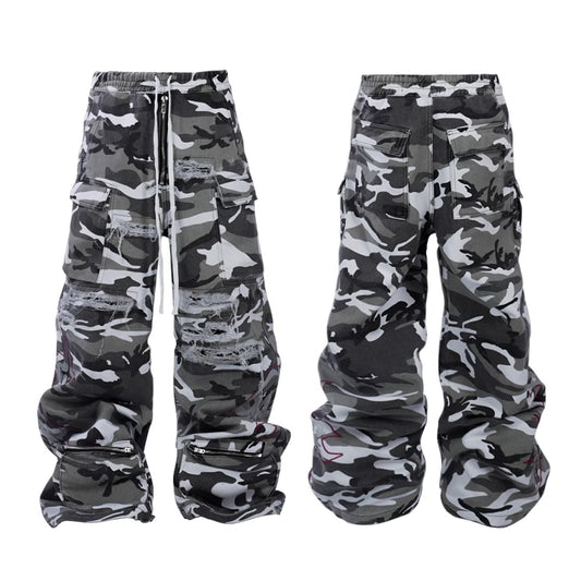 KNIFE CUT DESTRUCTION WASH CAMOUFLAGE CARGO PANTS