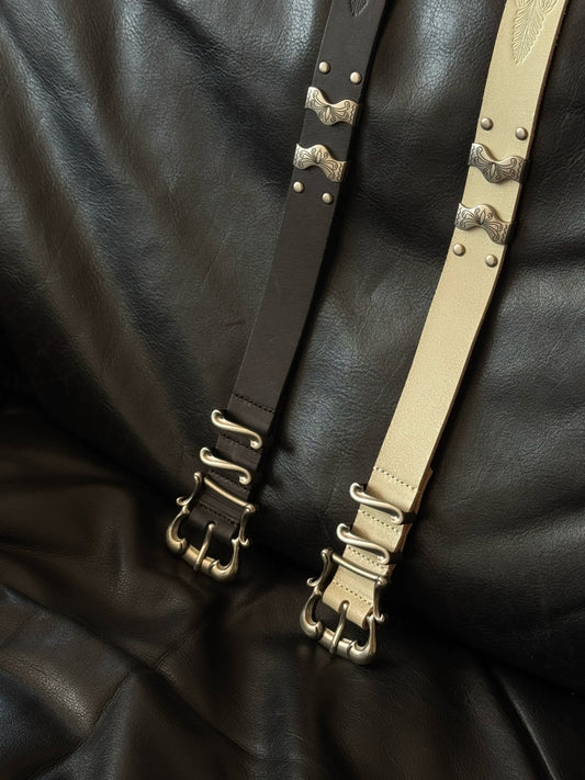 Engraved Silver Cowhide Belt